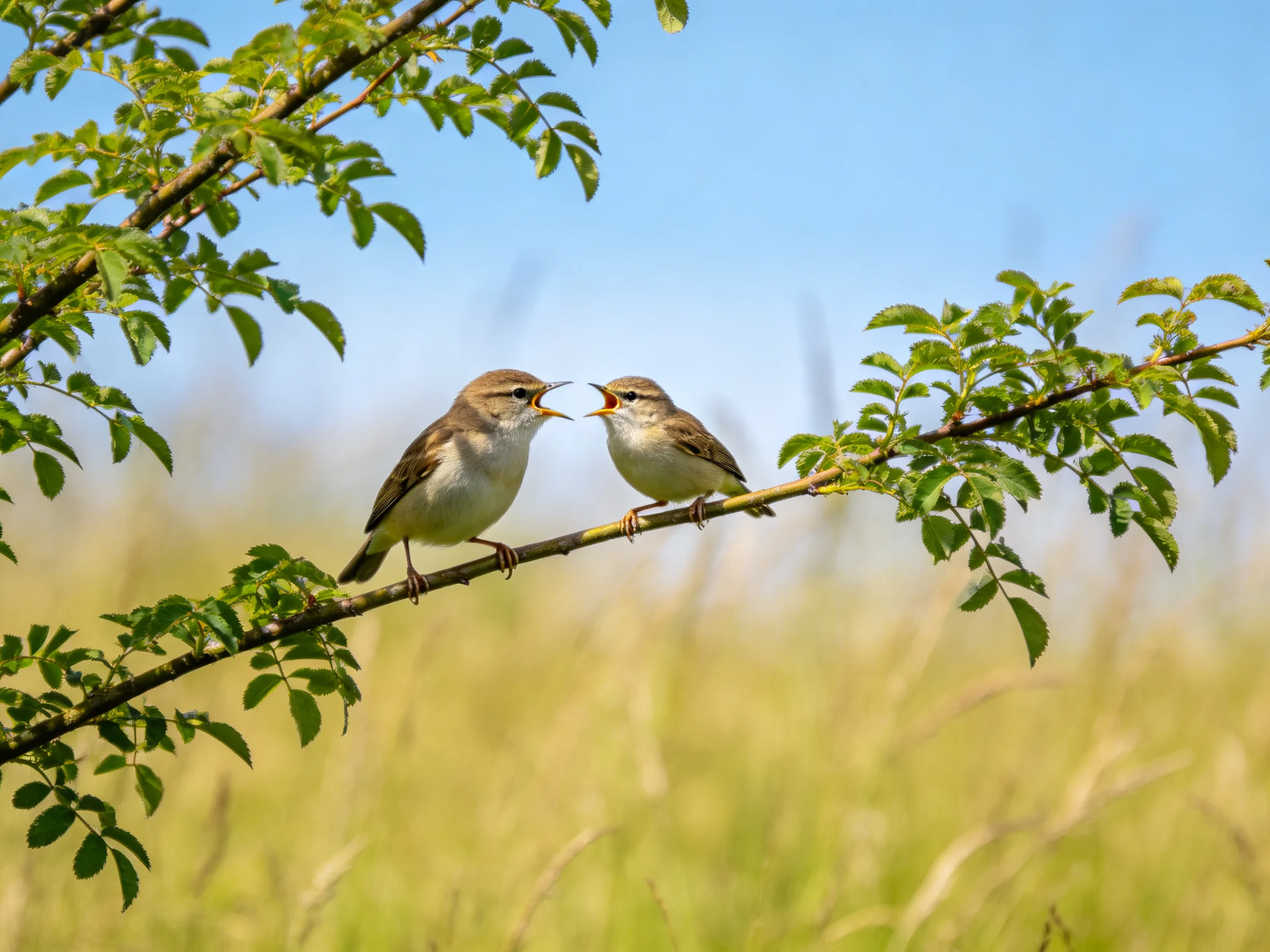 A pair of small brown and white birds interact on a leafy branch