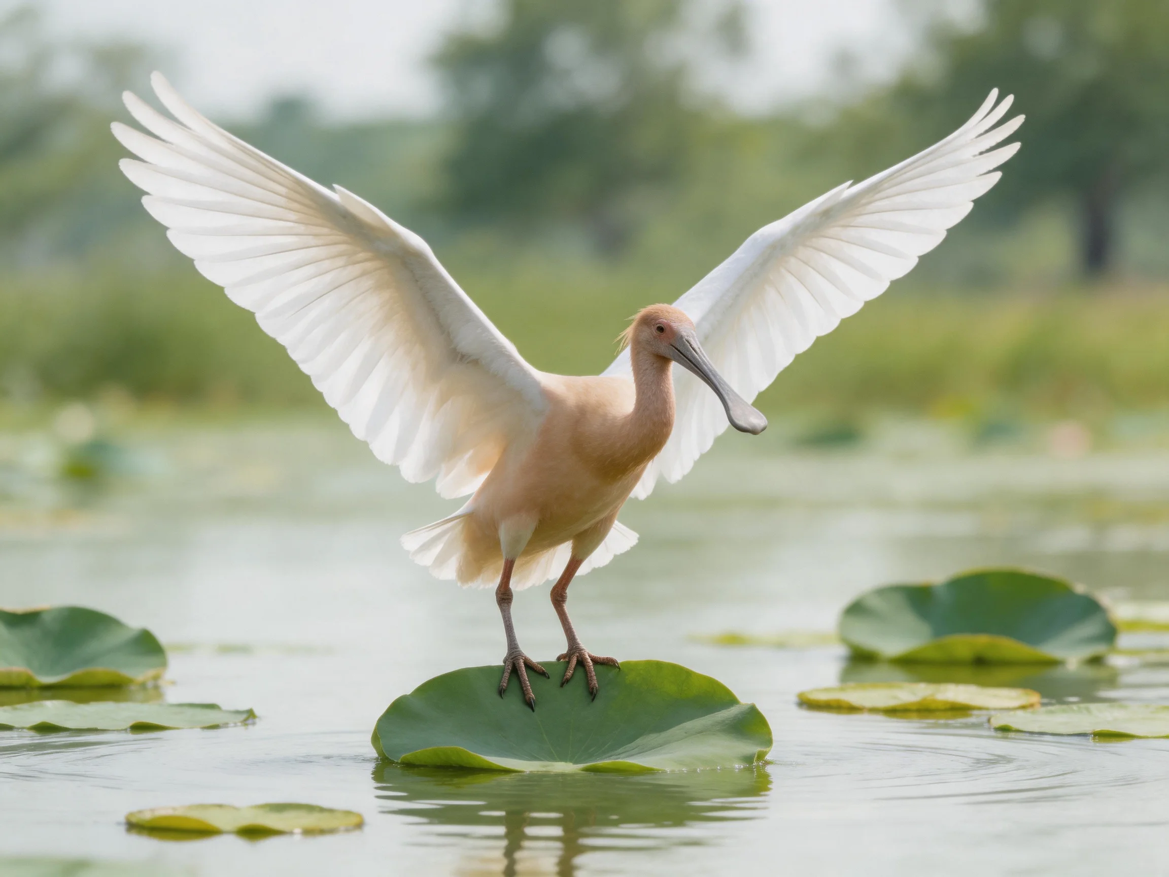 A pale ibis spreads wide white wings on a large green lily pad