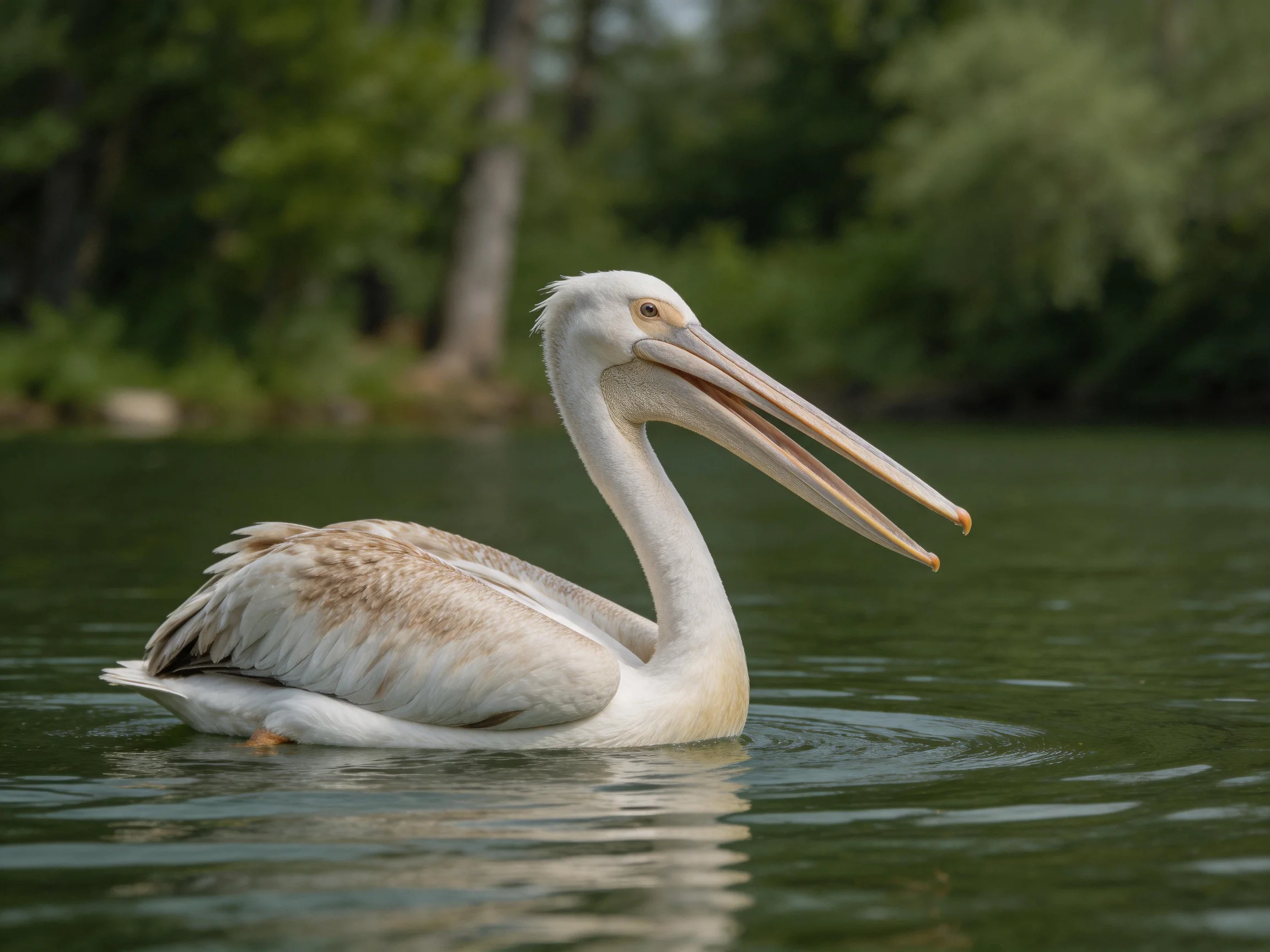 A pale pelican swims in calm green water near lush trees