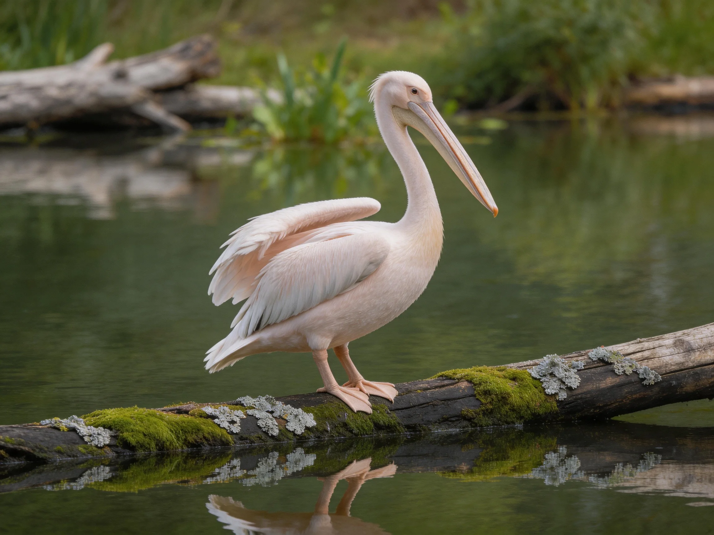 A pale pink pelican perches on a mossy log by calm water