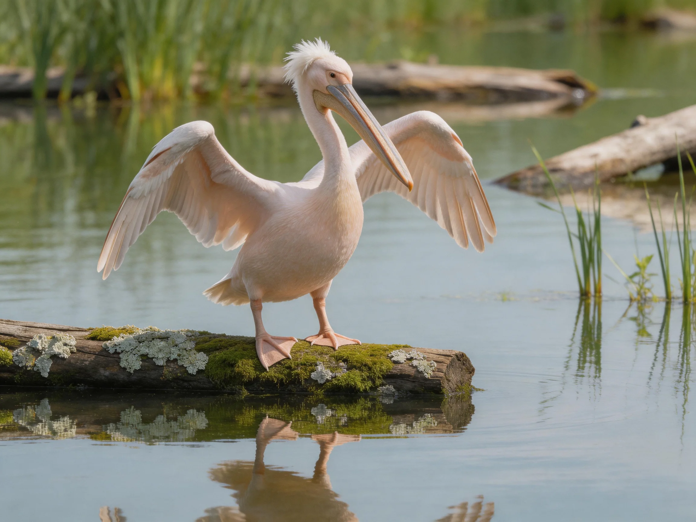 A pale pink pelican spreading wings on a mossy log near calm waters