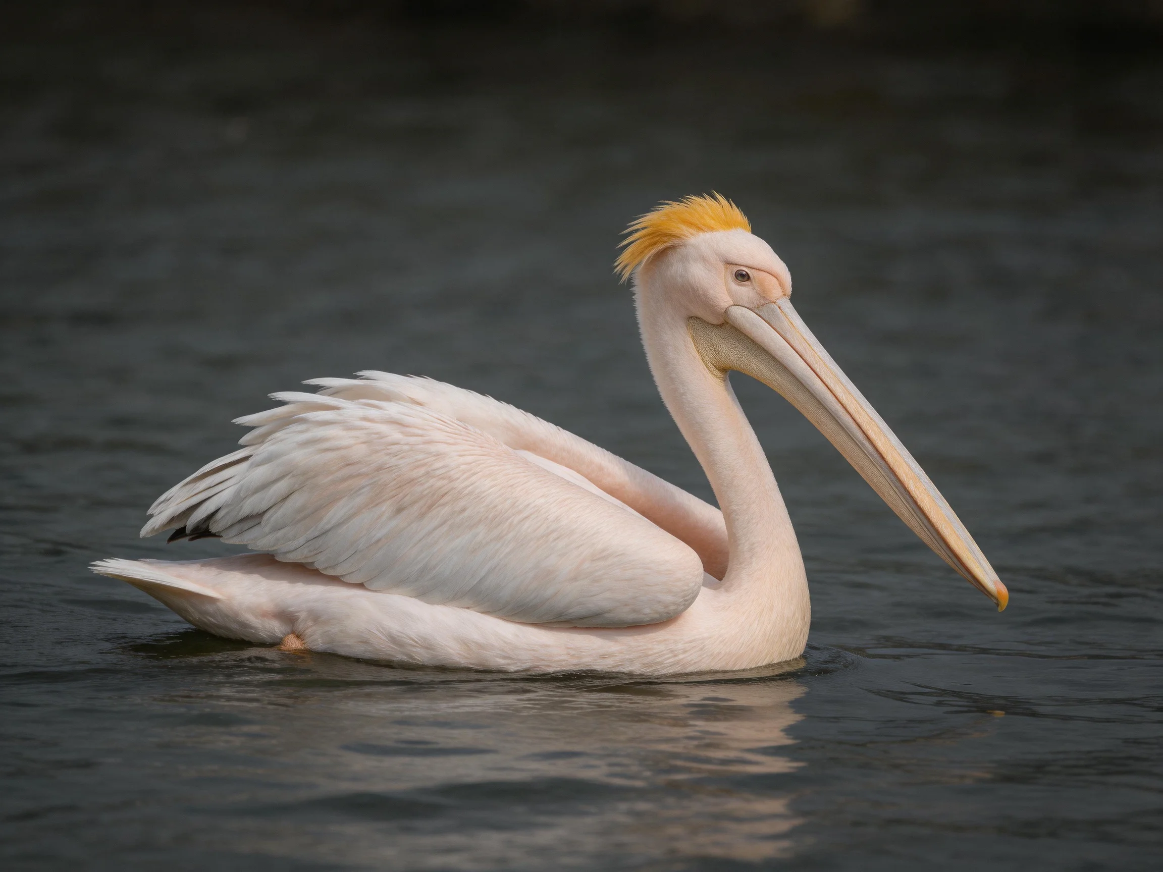 A pale pink pelican swims in dark water with a golden crest