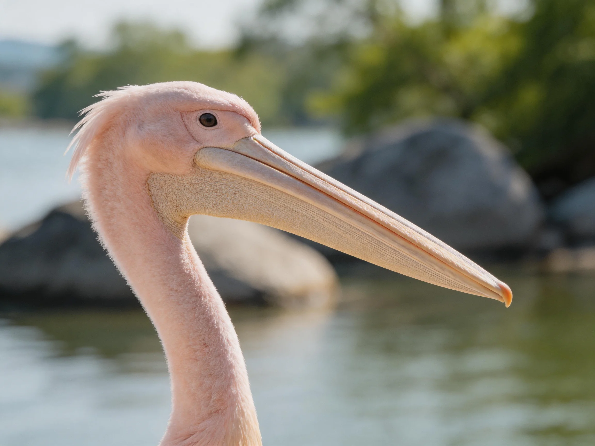 A pale pink pelican with a long beak near calm waters