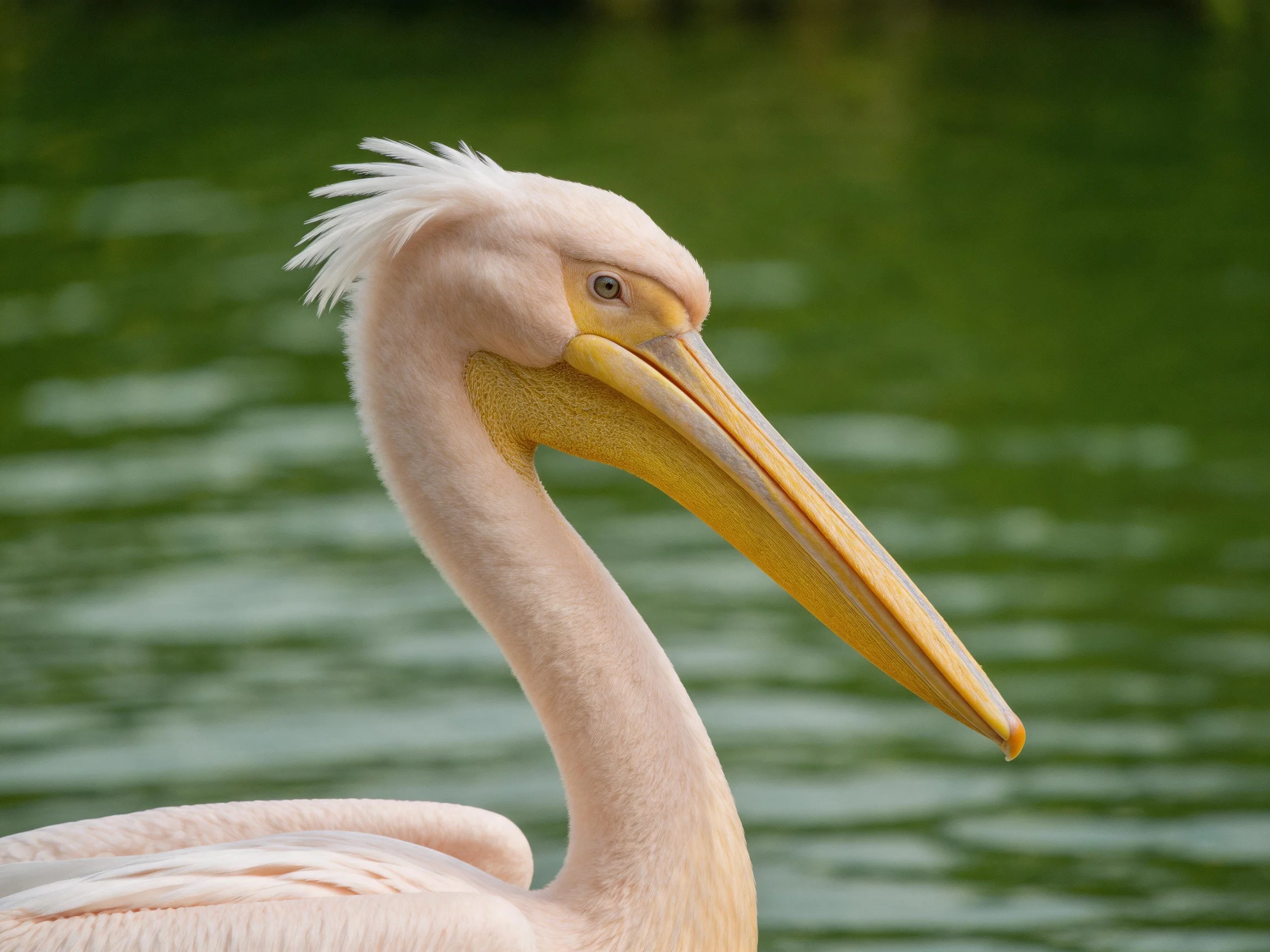 A pale pink pelican with a long yellow beak near green water