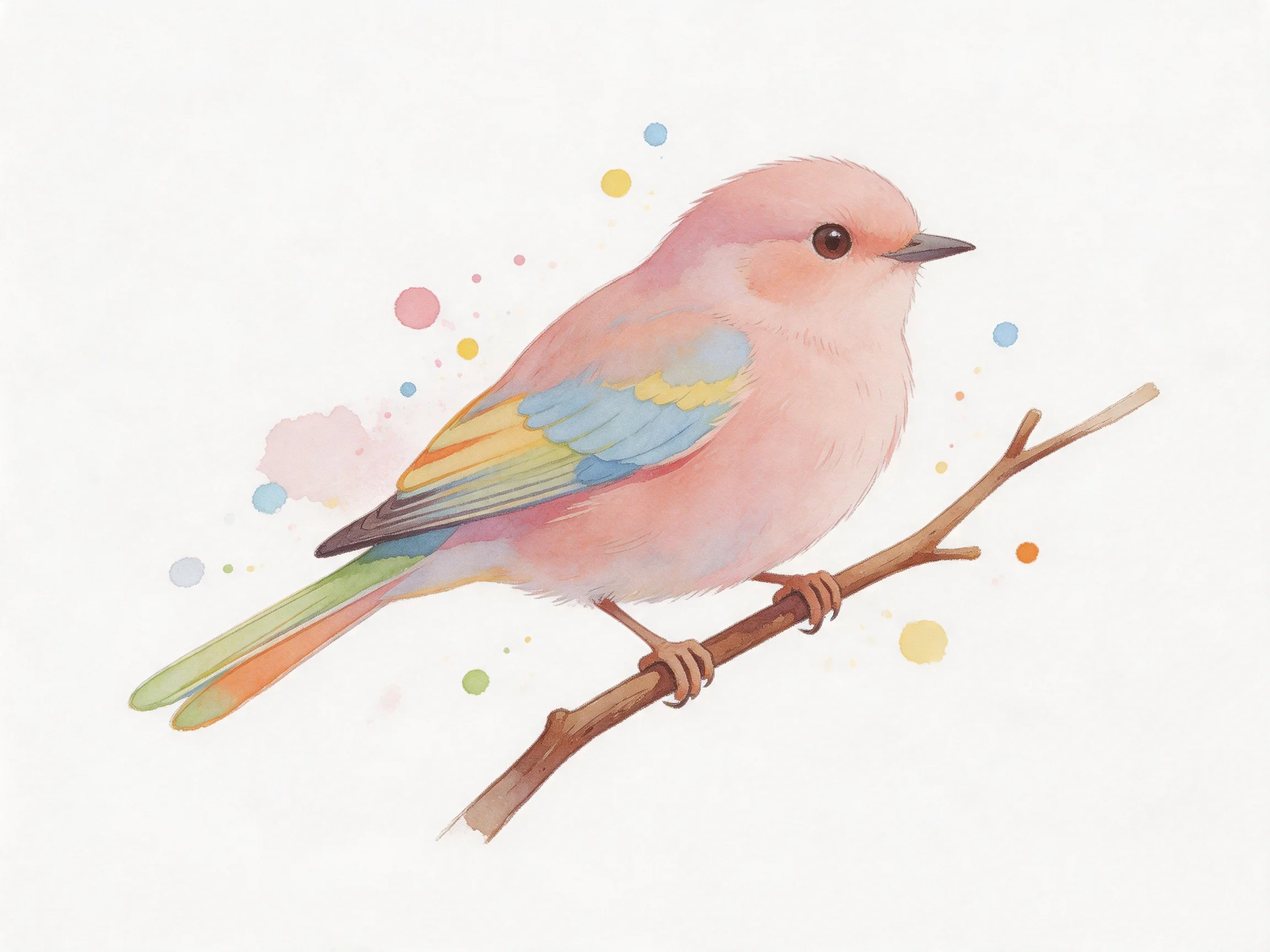 A pastel-colored bird with multicolored wings perches on a brown branch among colored dots