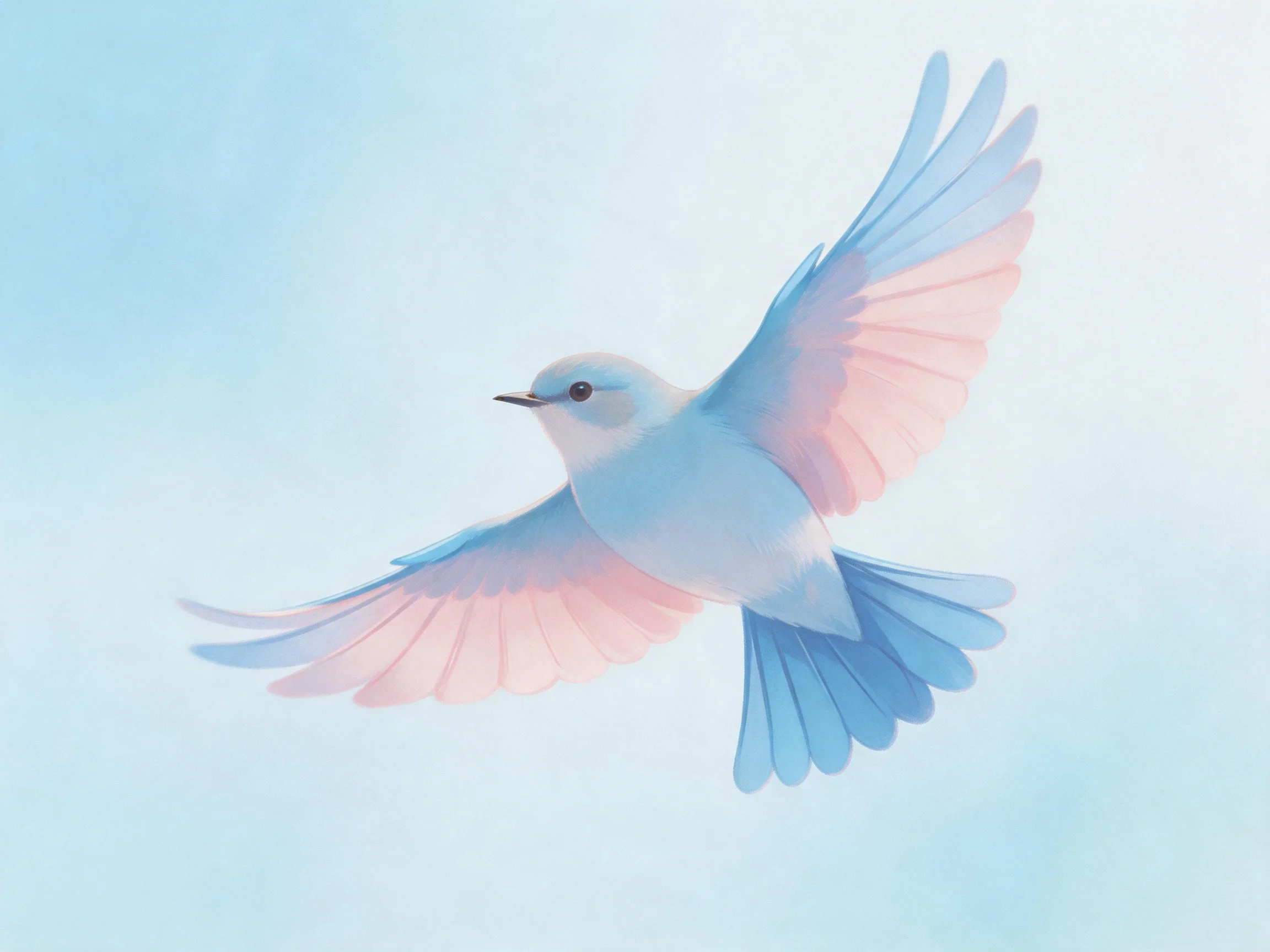 A bird with blue and pink plumage soars in a soft blue sky