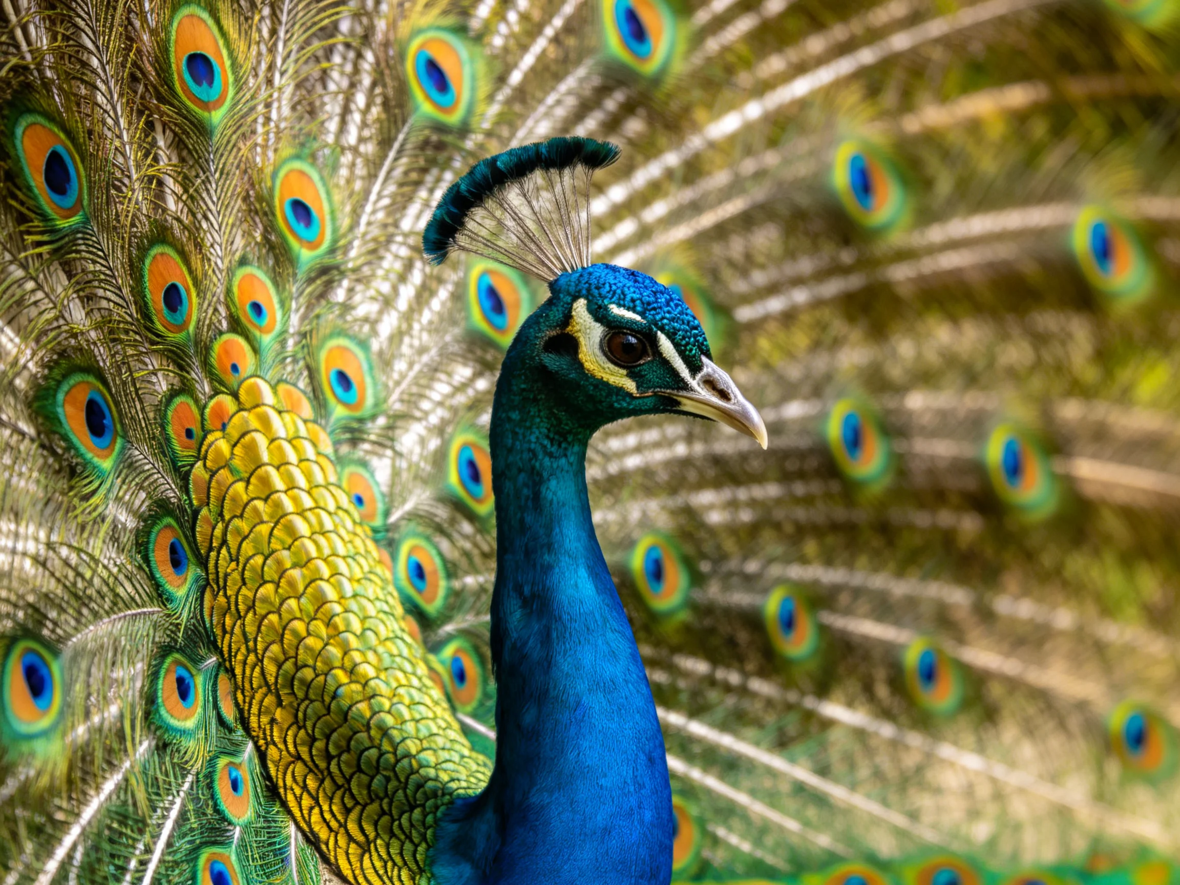 A peacock displaying vibrant blue neck and multicolored tail feathers