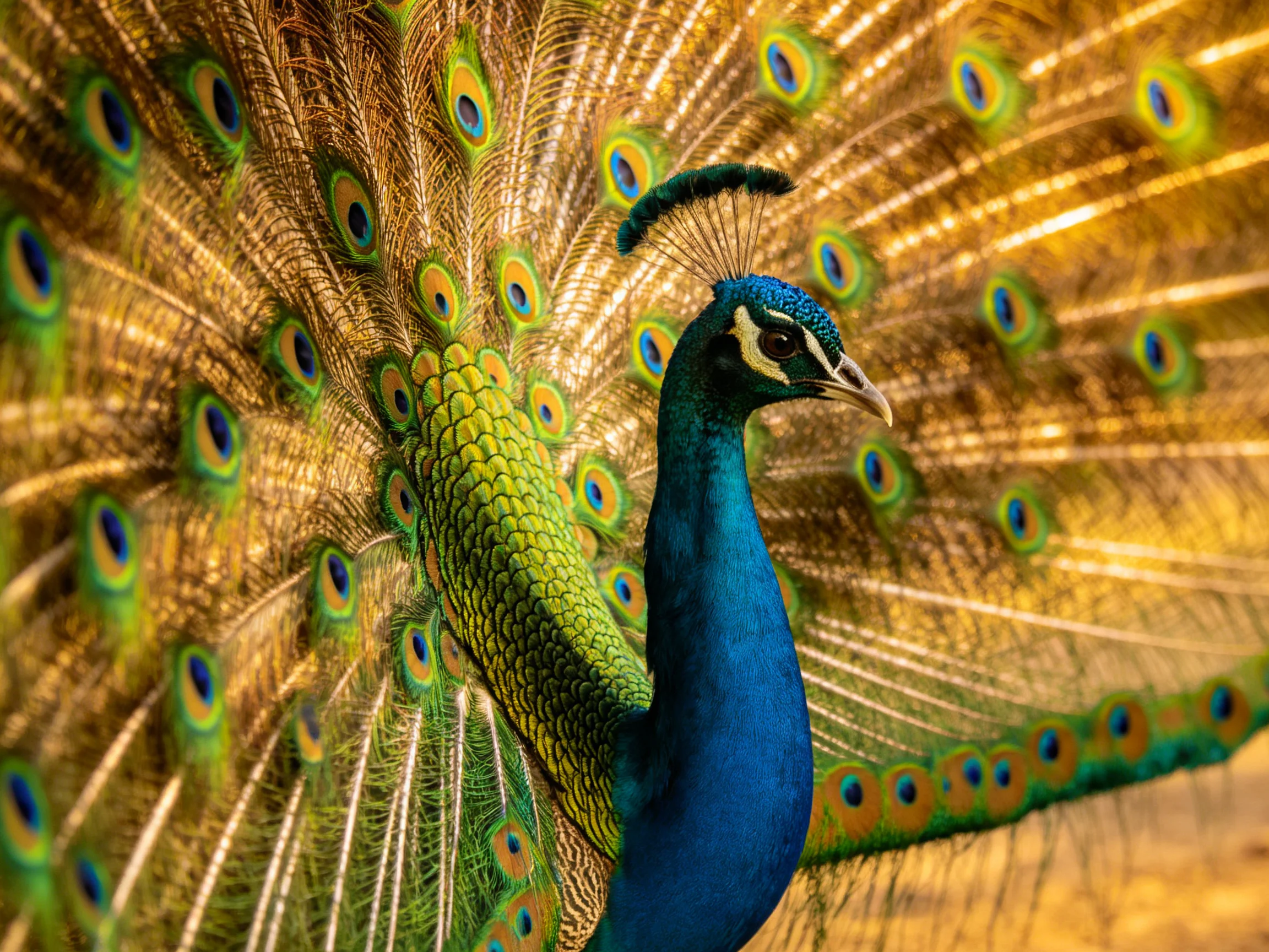 A peacock displaying vividly colored, fanned tail feathers