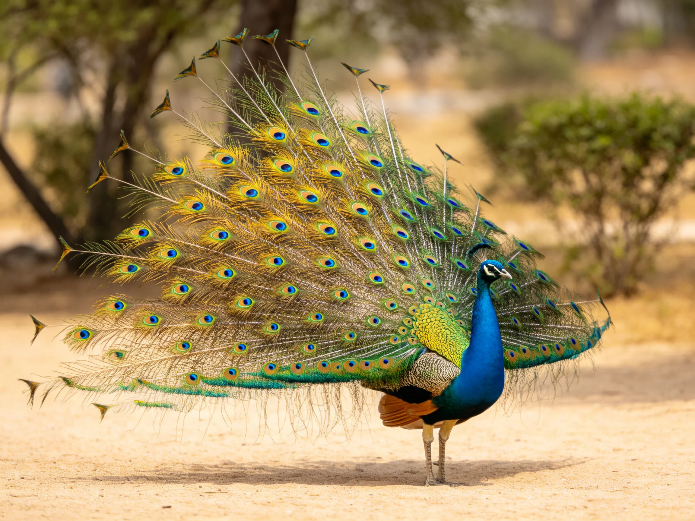 A peacock displays its colorful, eye-patterned tail feathers outdoors.