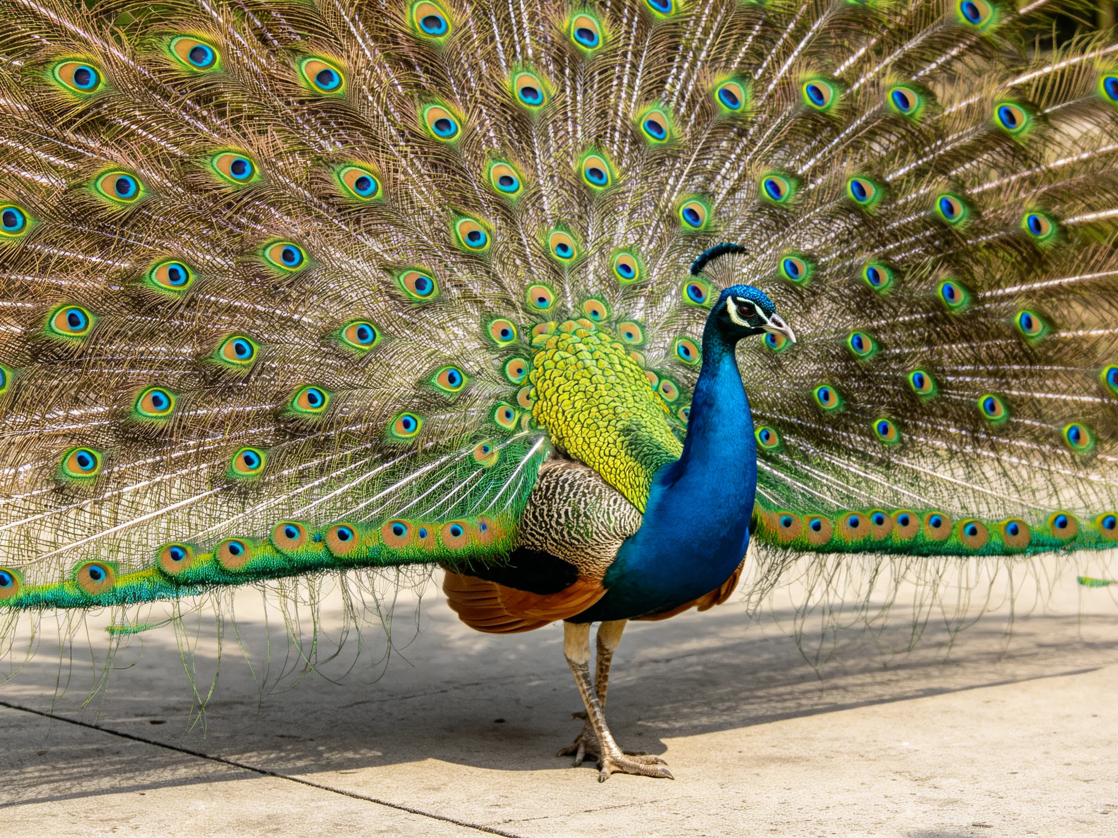 A peacock displays its colorful, fanned tail feathers