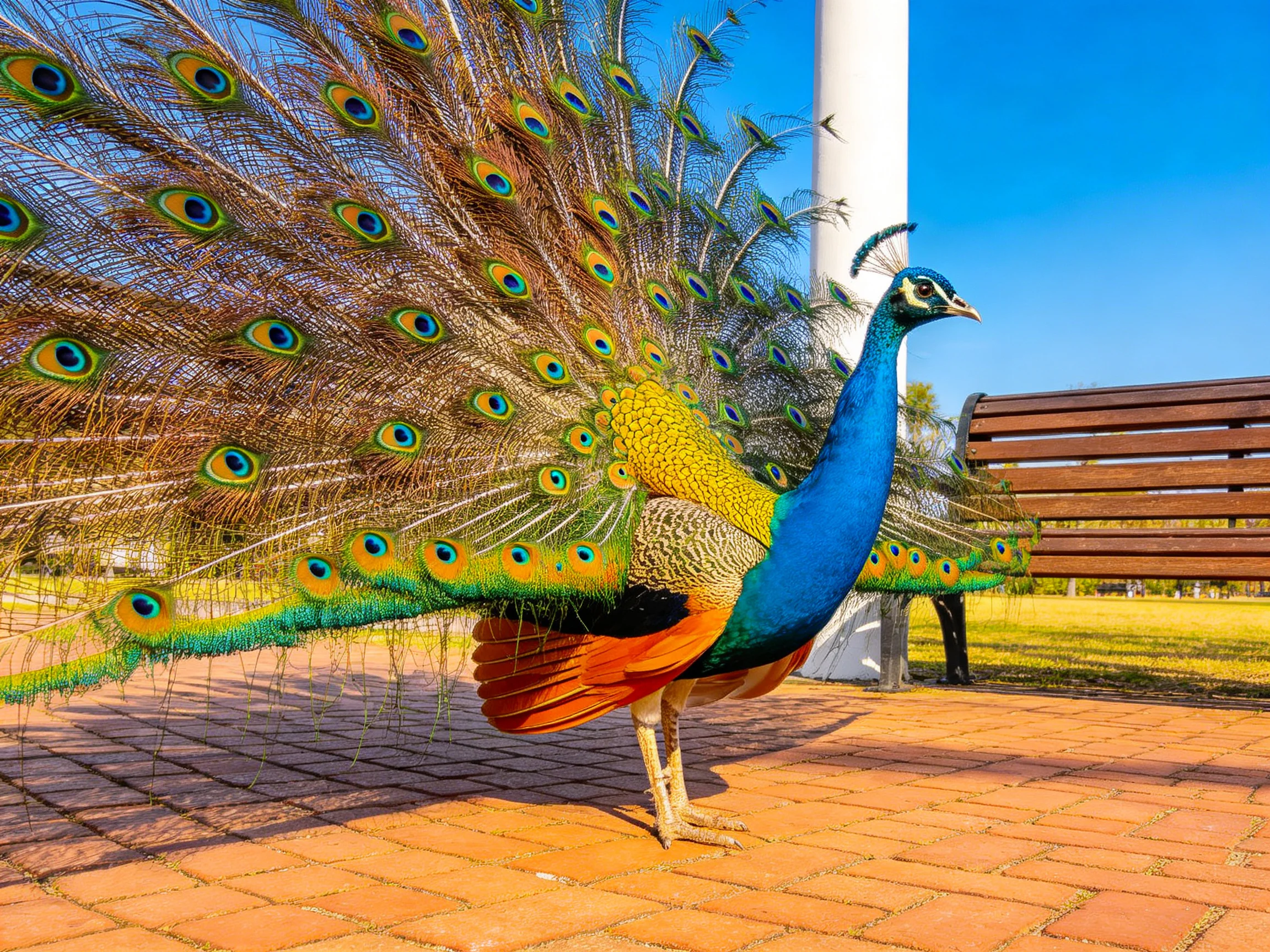 A peacock displays its colorful fanned tail feathers in a sunny park