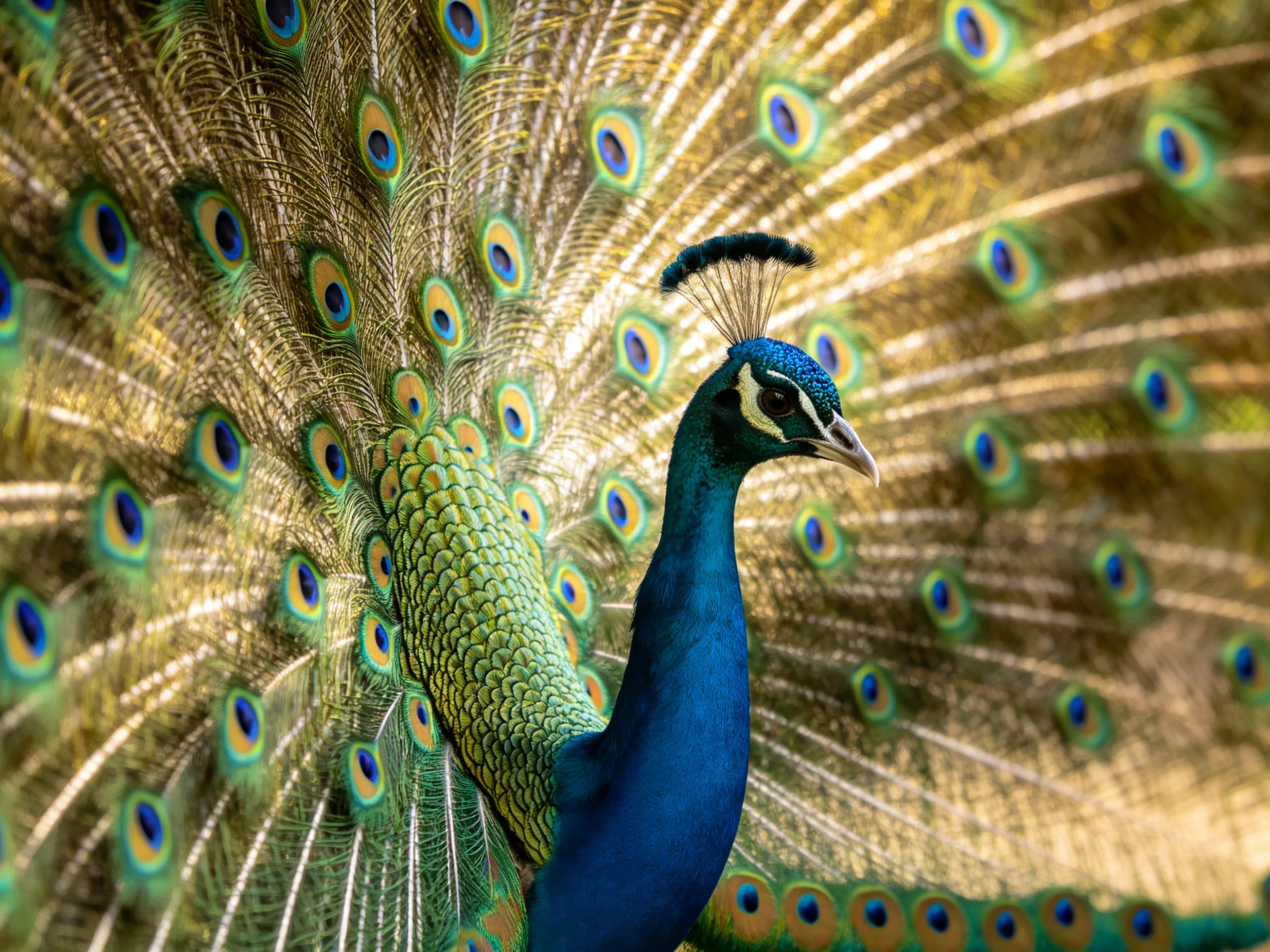 A peacock displays vibrant, fanned plumage with iridescent eye patterns