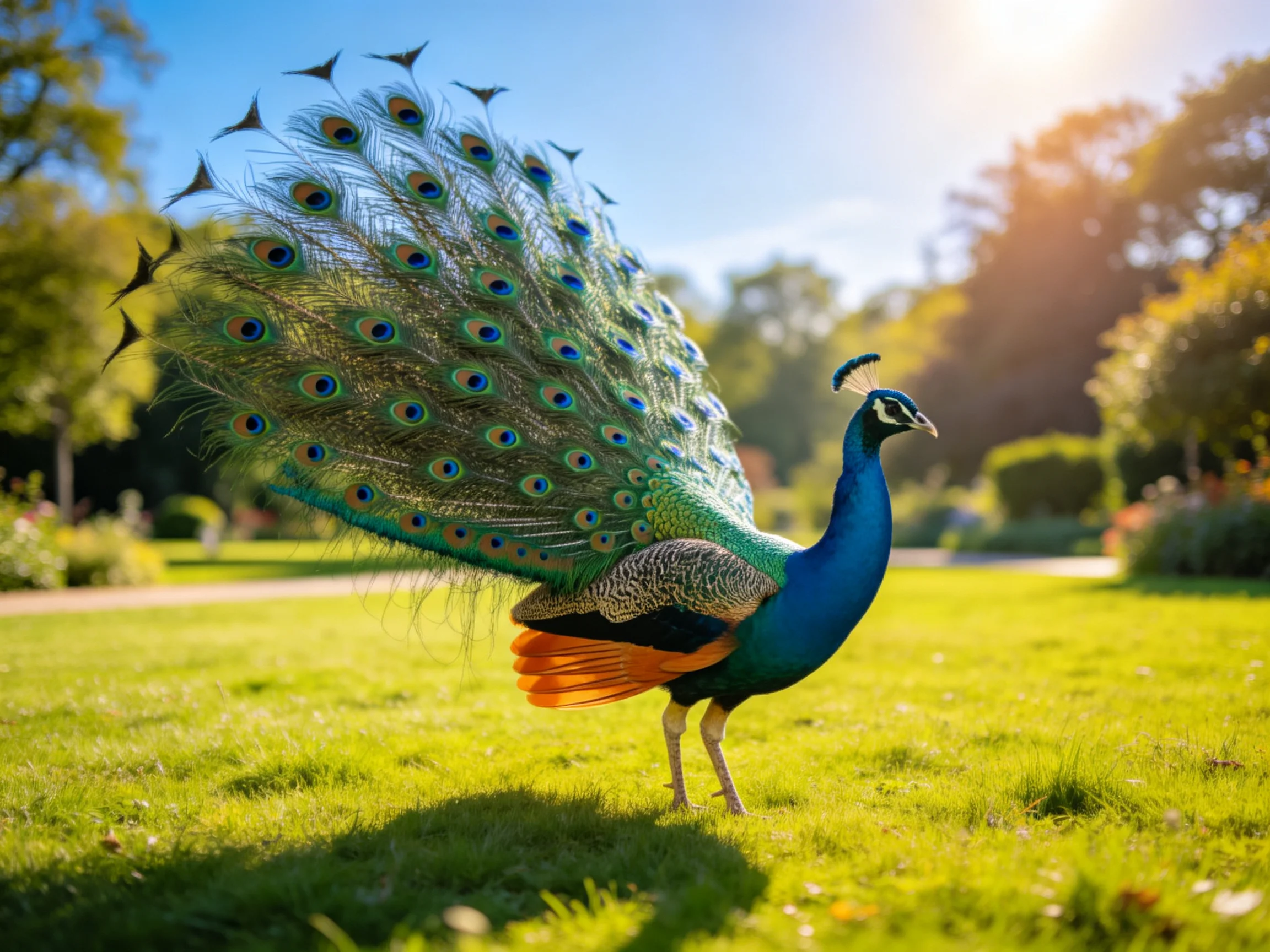 A peacock displays vibrant tail feathers in a sunlit park