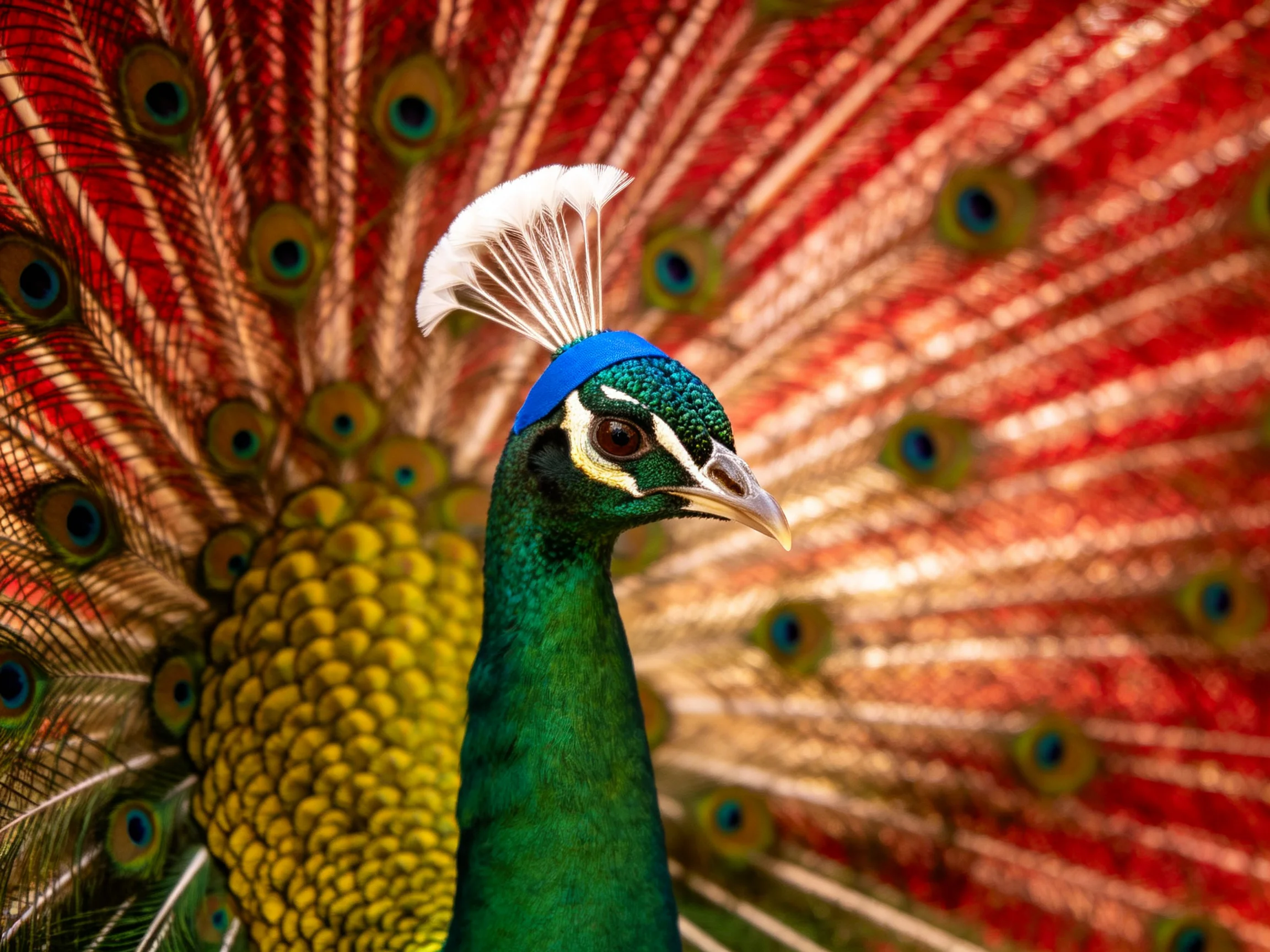 A peacock displays vibrant tail feathers with green body and red fan