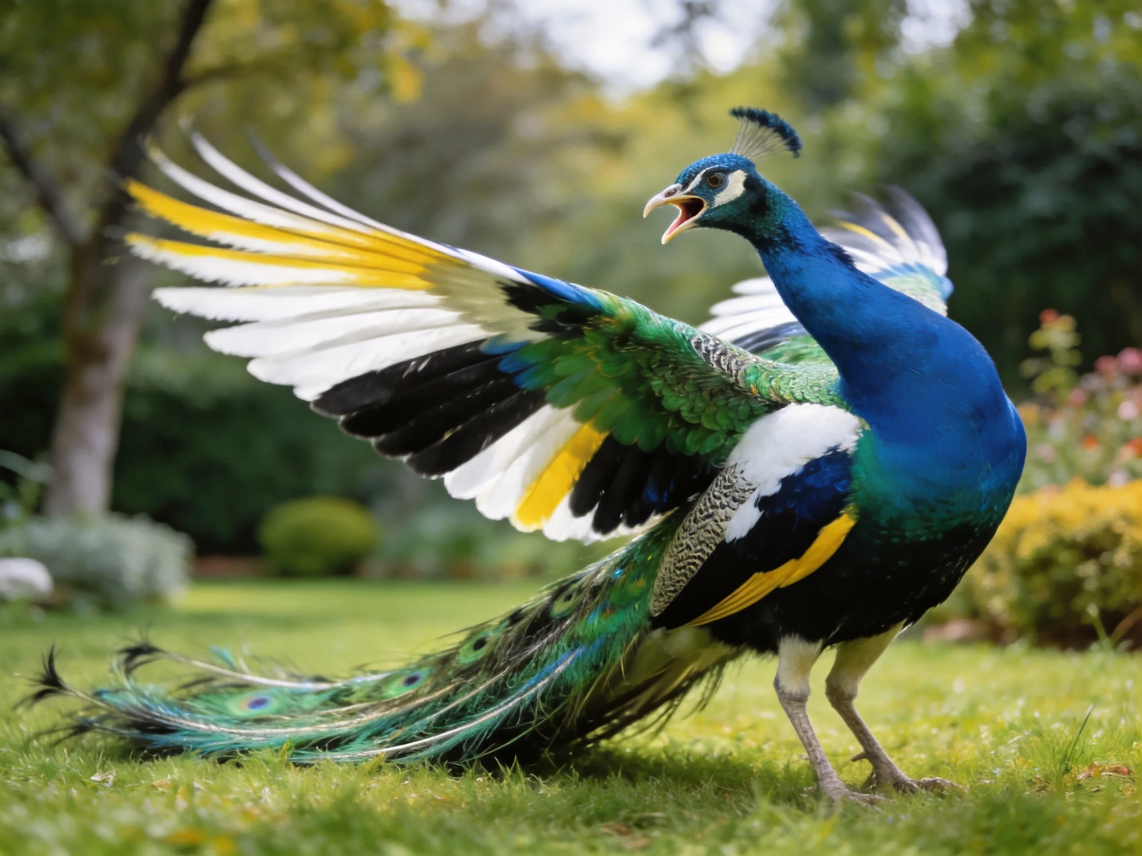 A peacock spreads multicolored wings in a lush garden