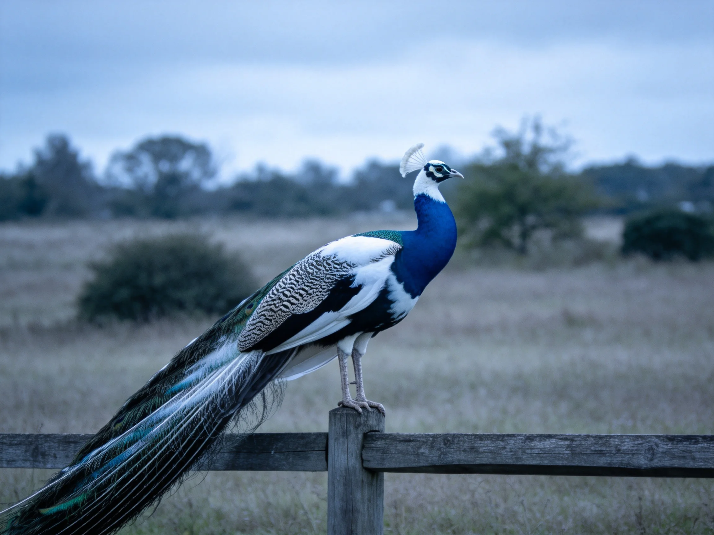 A peacock with blue neck, white body, and colorful tail perches on a wooden fence.