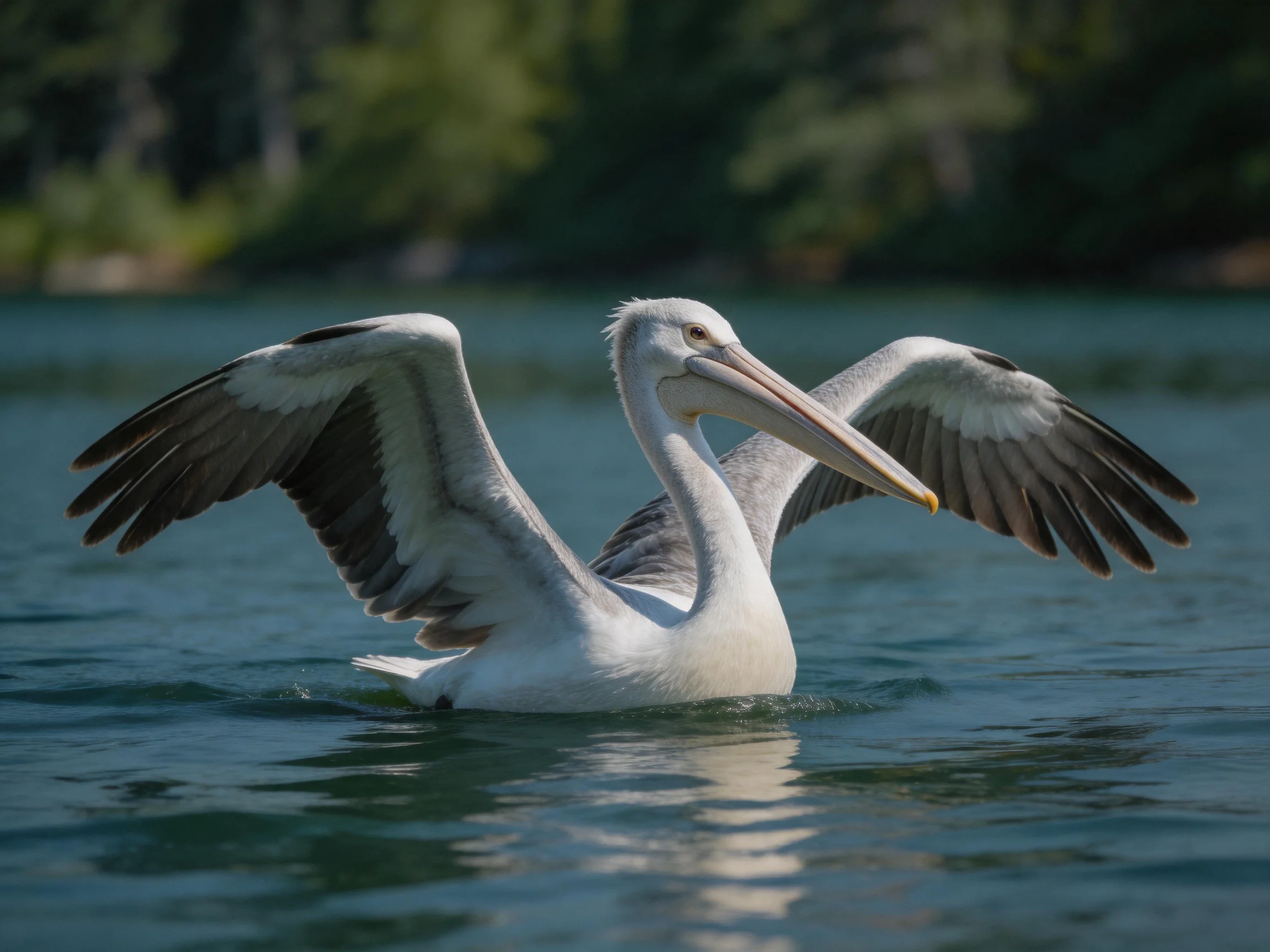 A pelican spreads wings in calm blue water near greenery