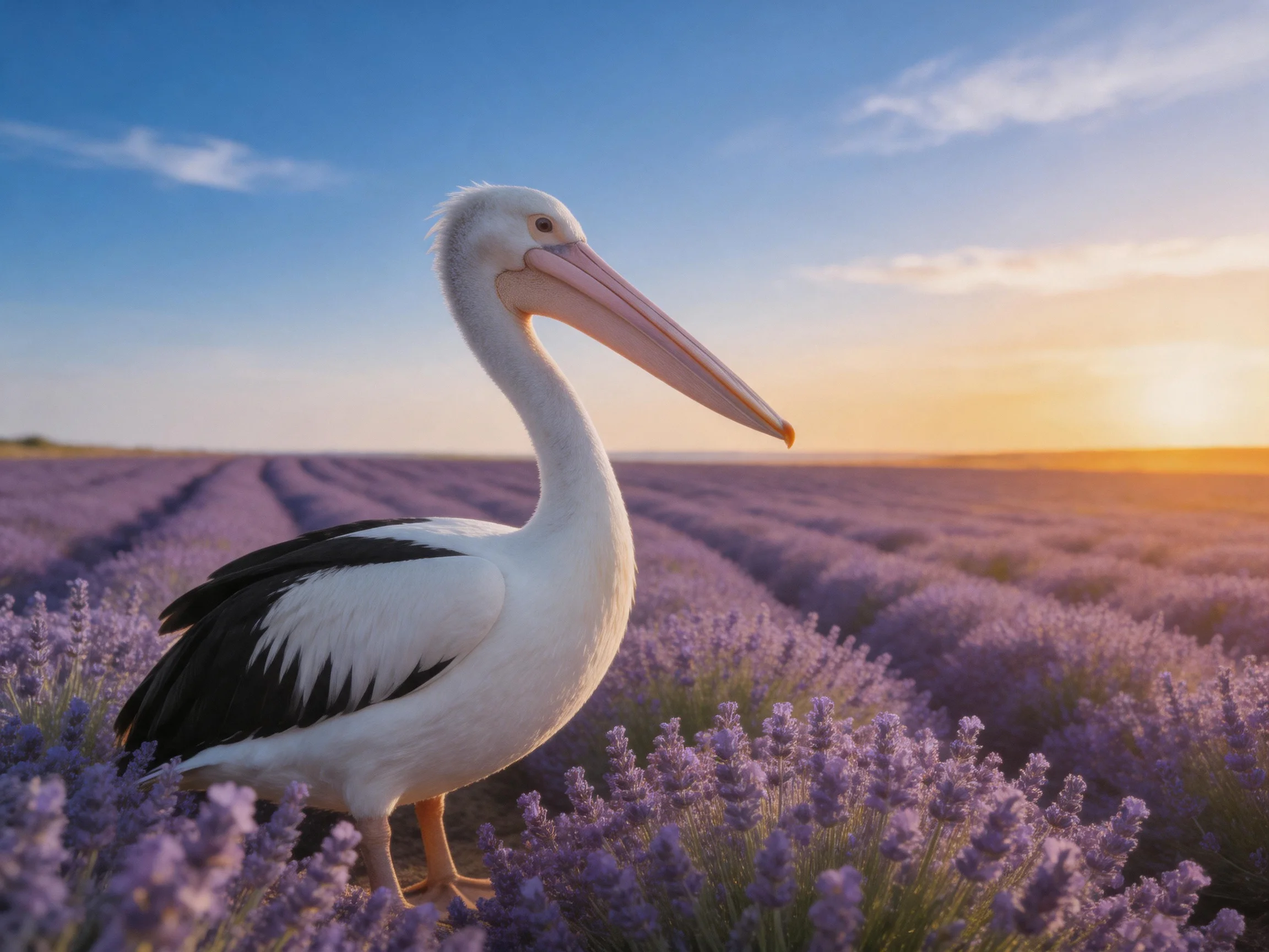 A pelican stands amid lavender fields at sunset