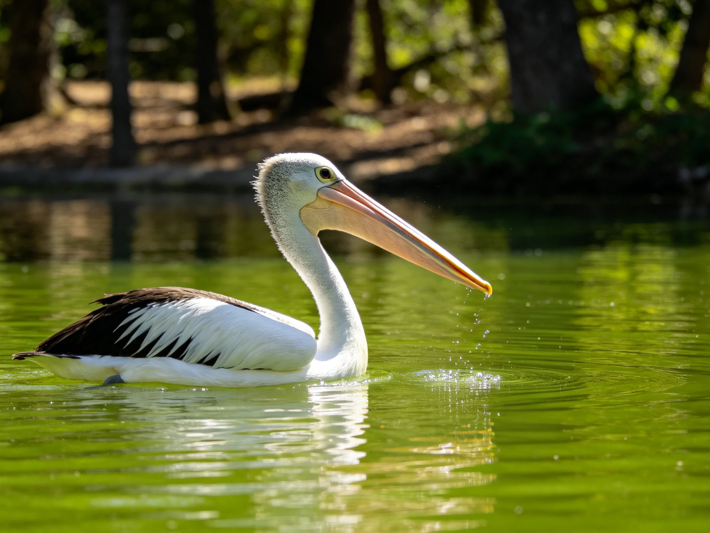 A pelican swims in bright green water near forested shore