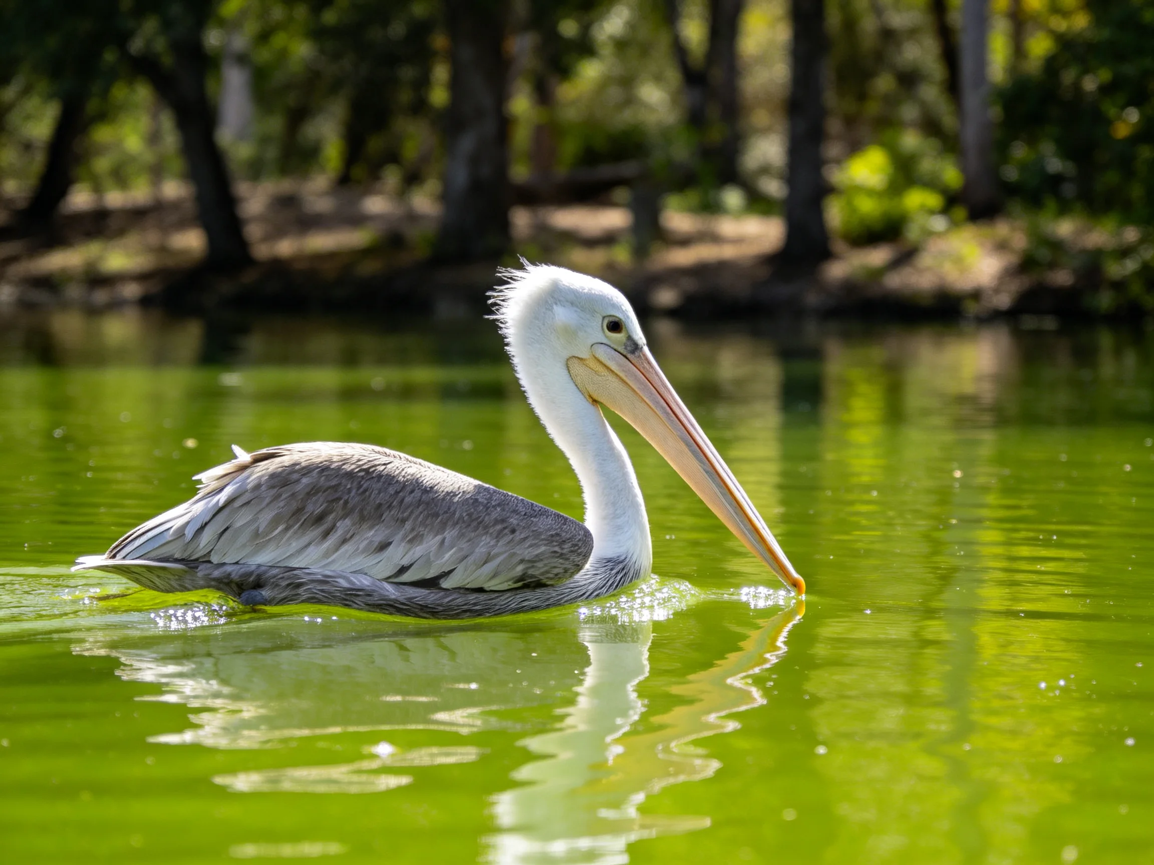 A pelican swims in vibrant green water near forested shores