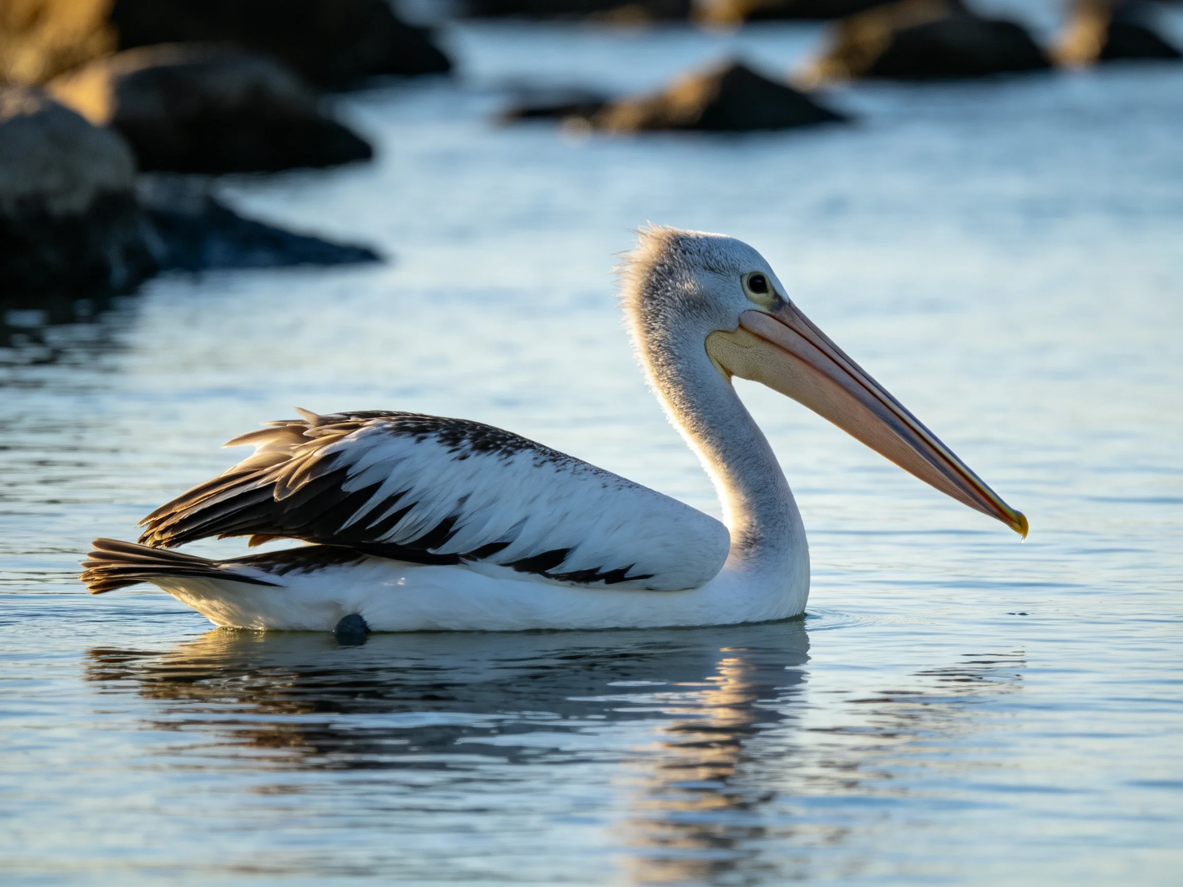 A pelican with long beak swims in calm blue water near rocks