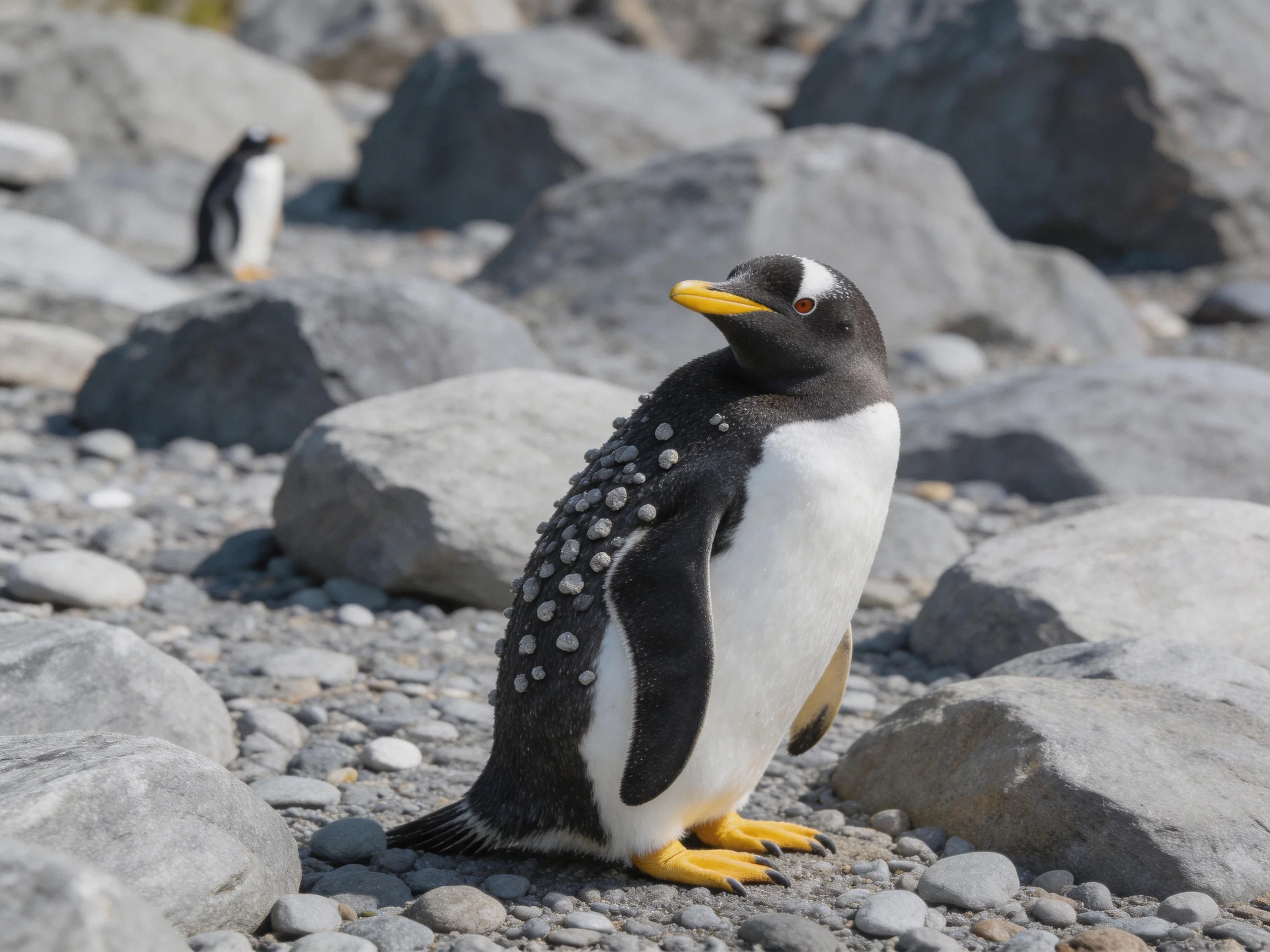 A penguin with yellow feet stands amid gray rocks near another penguin