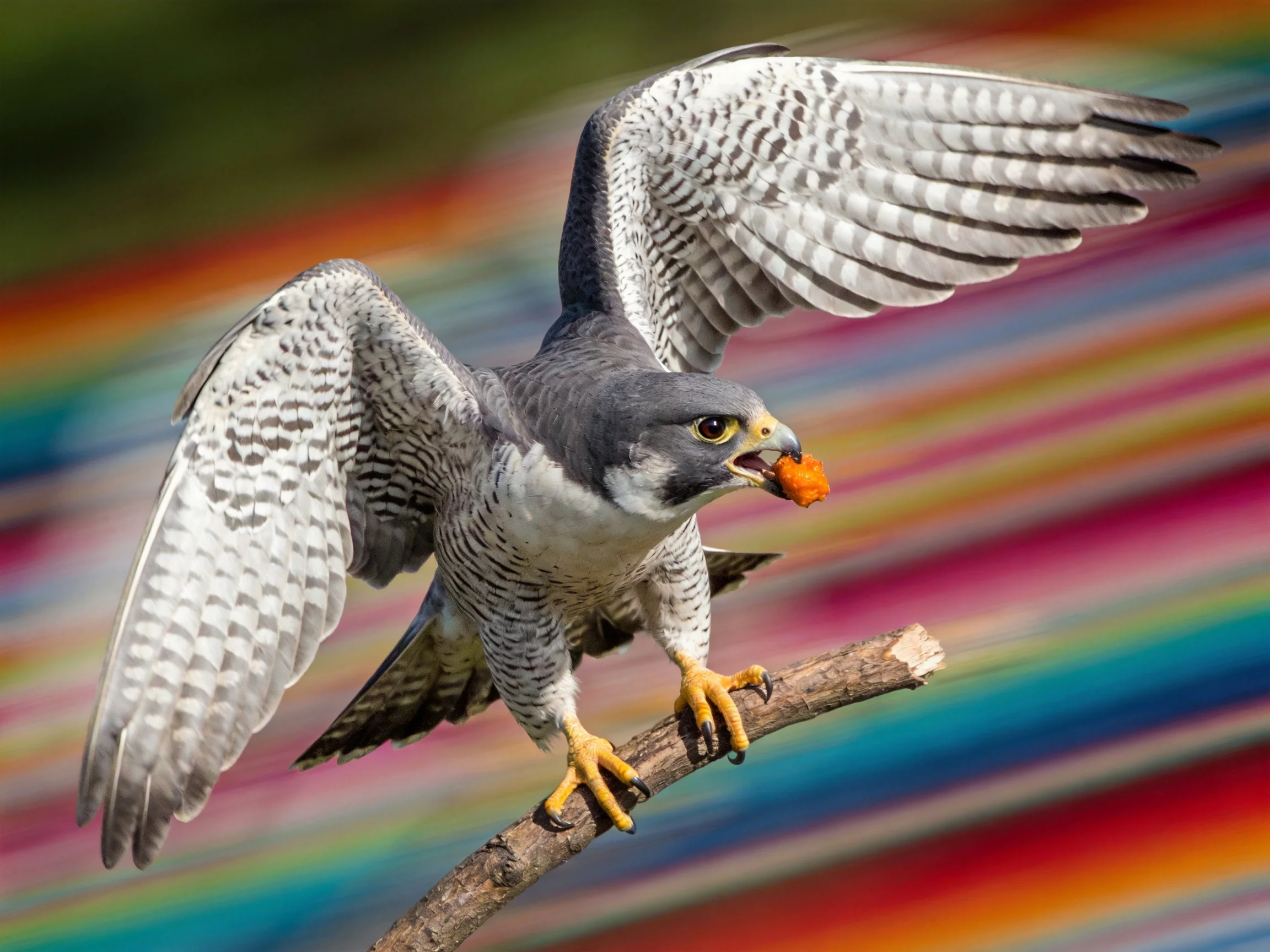 A peregrine falcon spreads wings while gripping prey on a branch