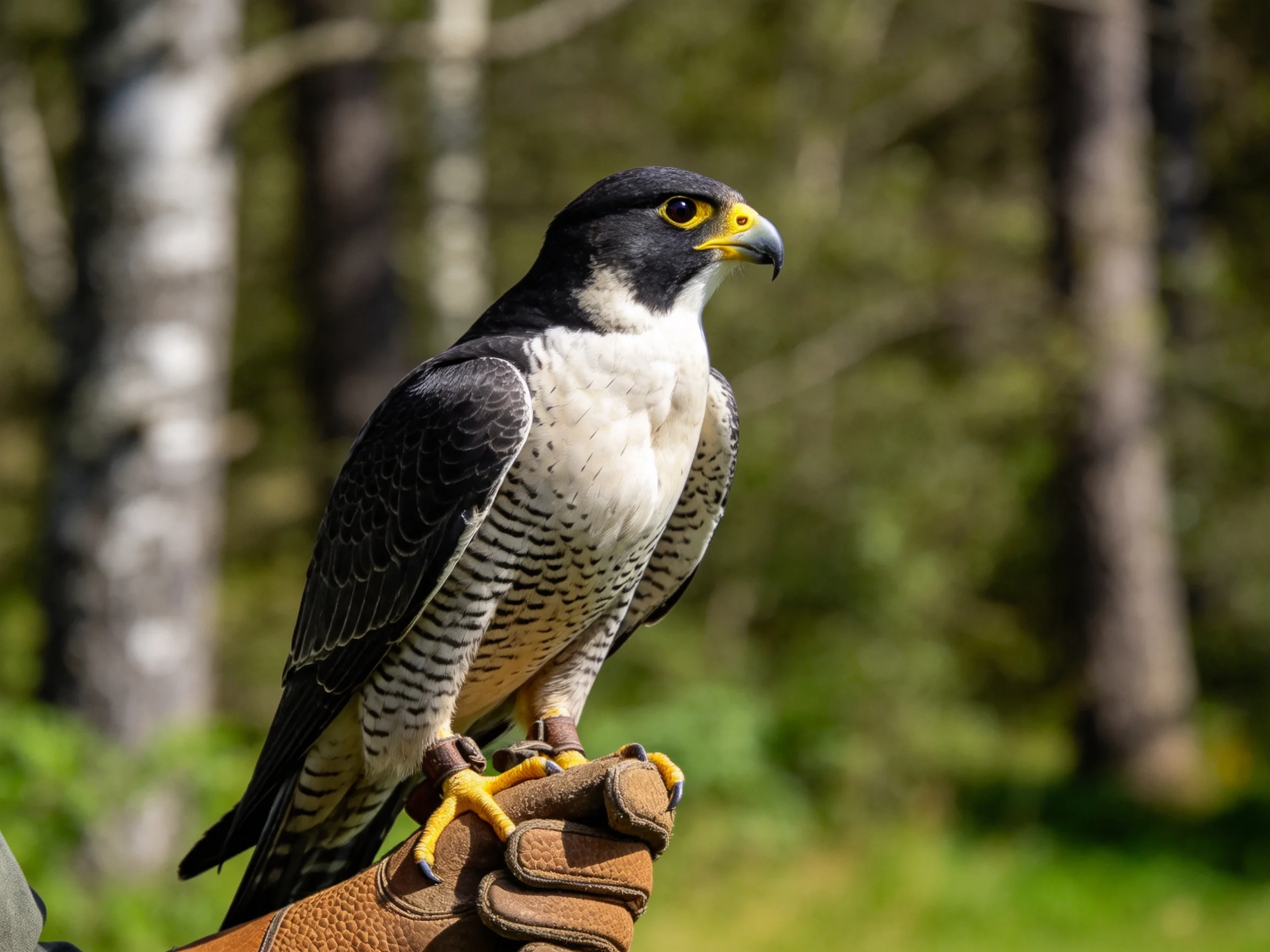 A peregrine falcon with black and white plumage perches on a brown glove