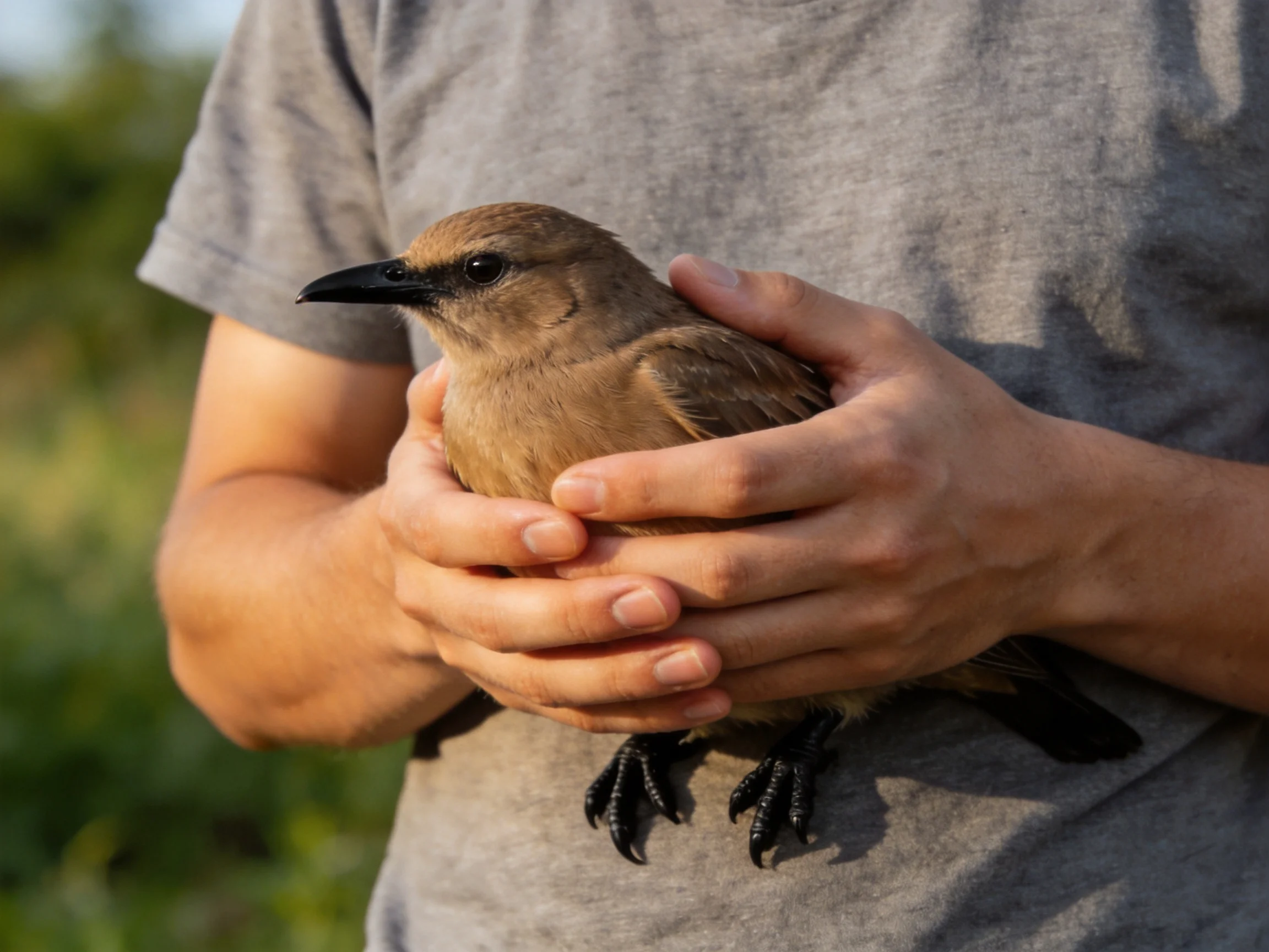 A person cradling a small brown bird with dark claws