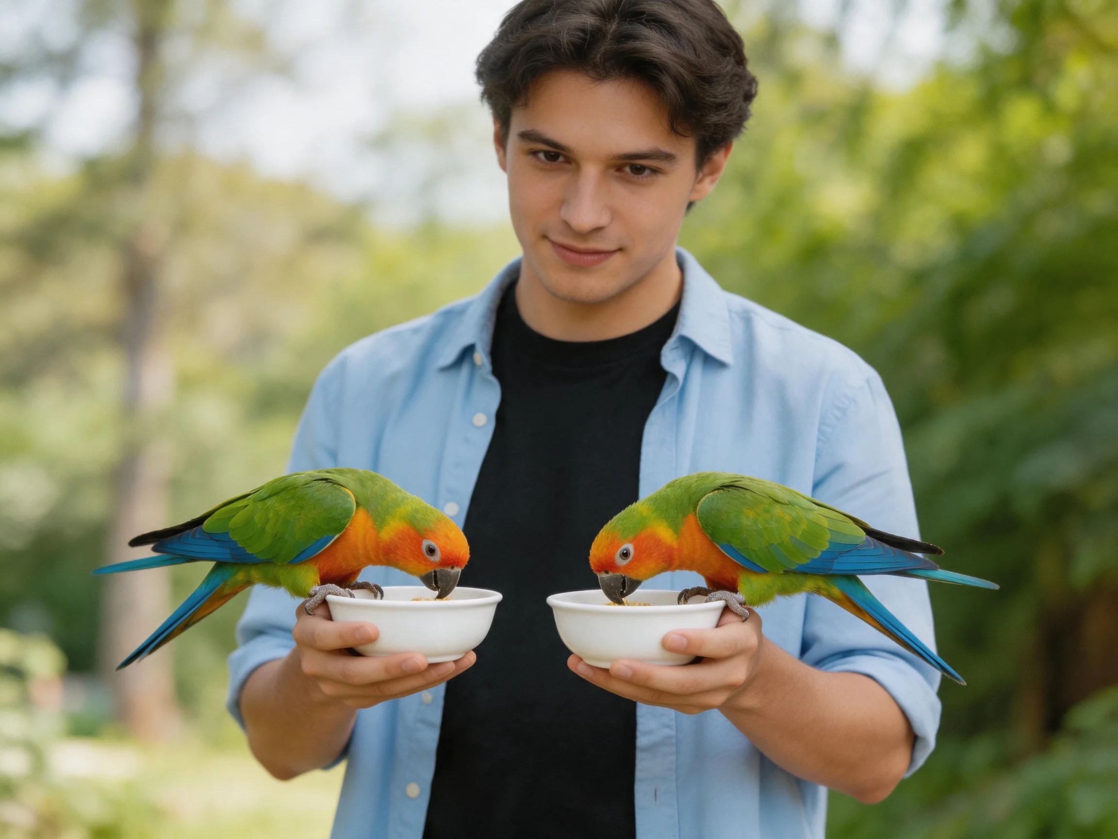 A person feeding two colorful parrots with white bowls outdoors