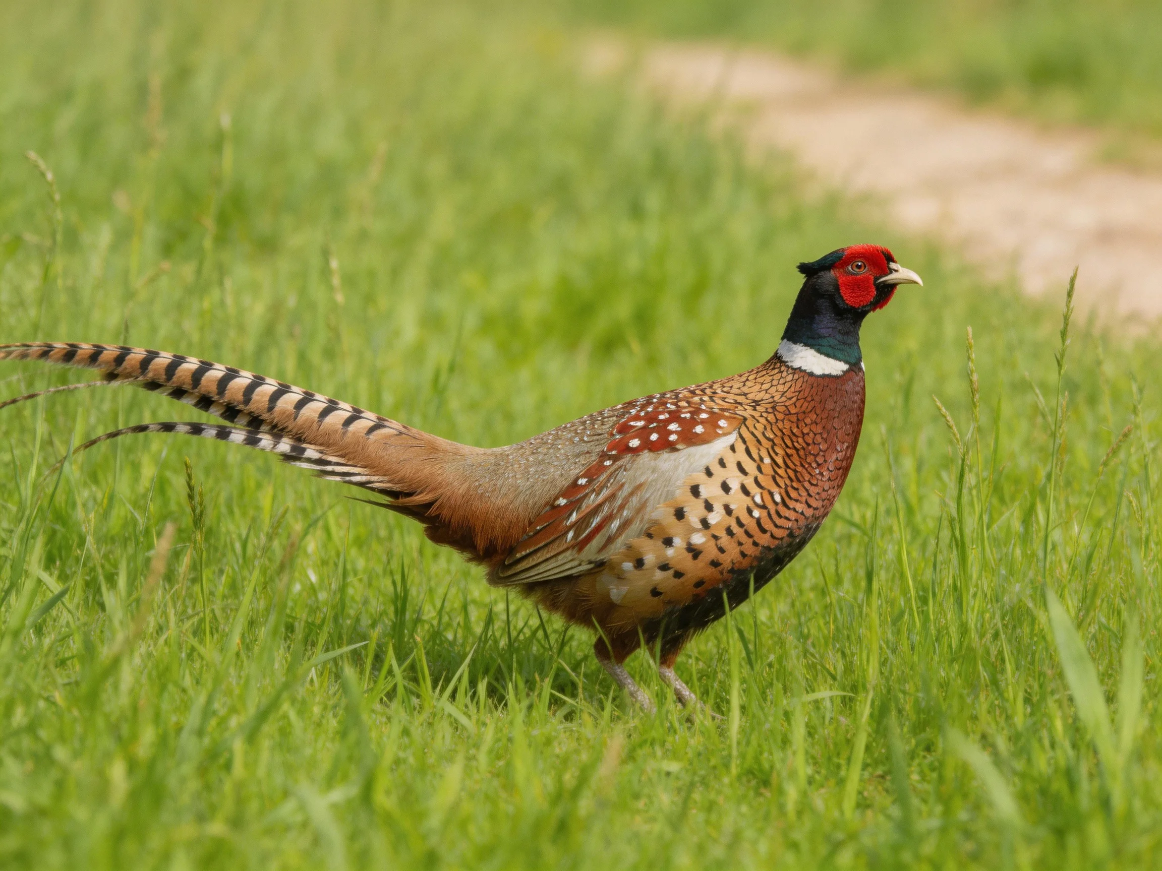 A pheasant with red head, brown body, and striped tail in grass