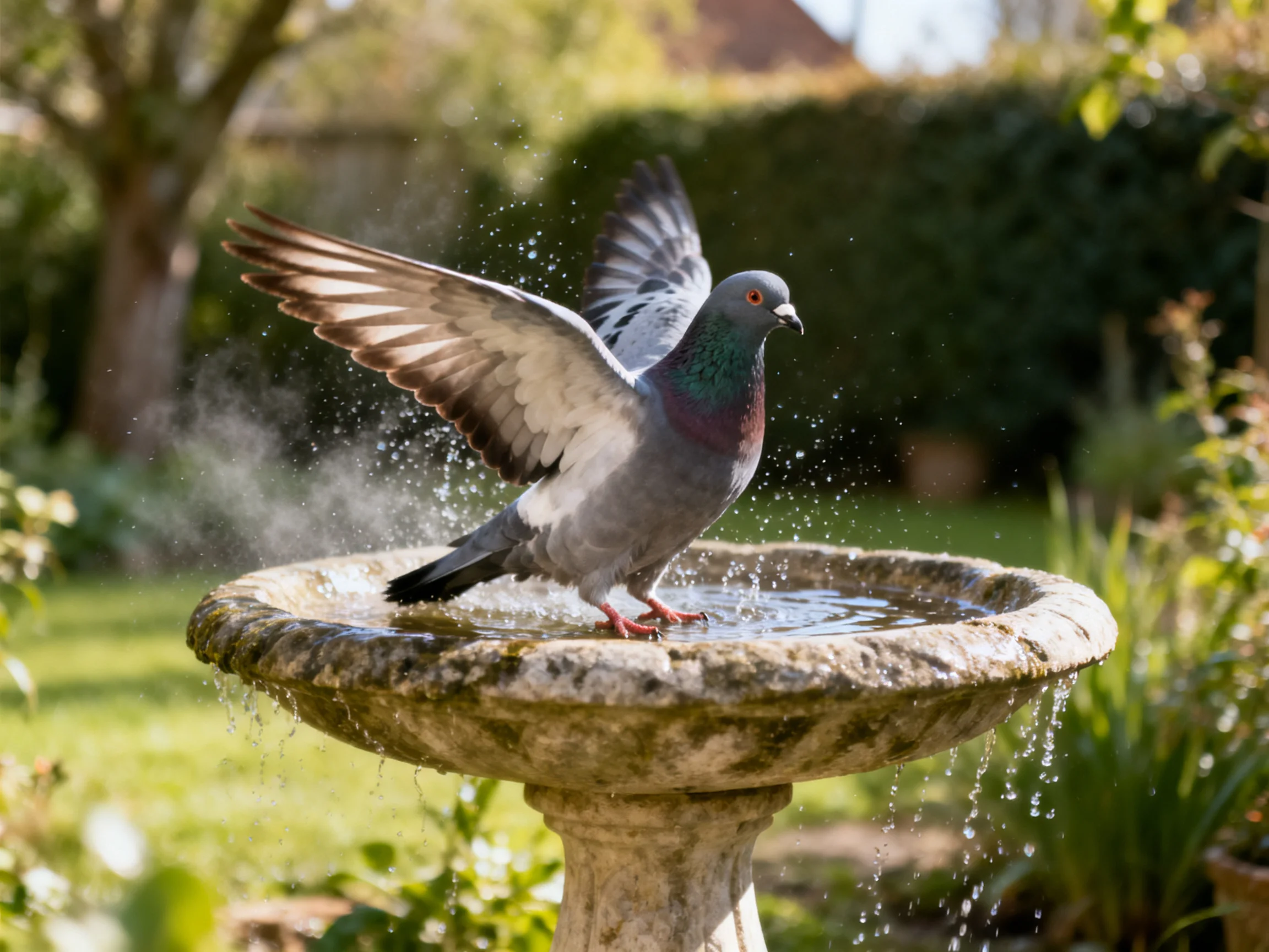 A pigeon bathing in a stone bird bath with water splashing