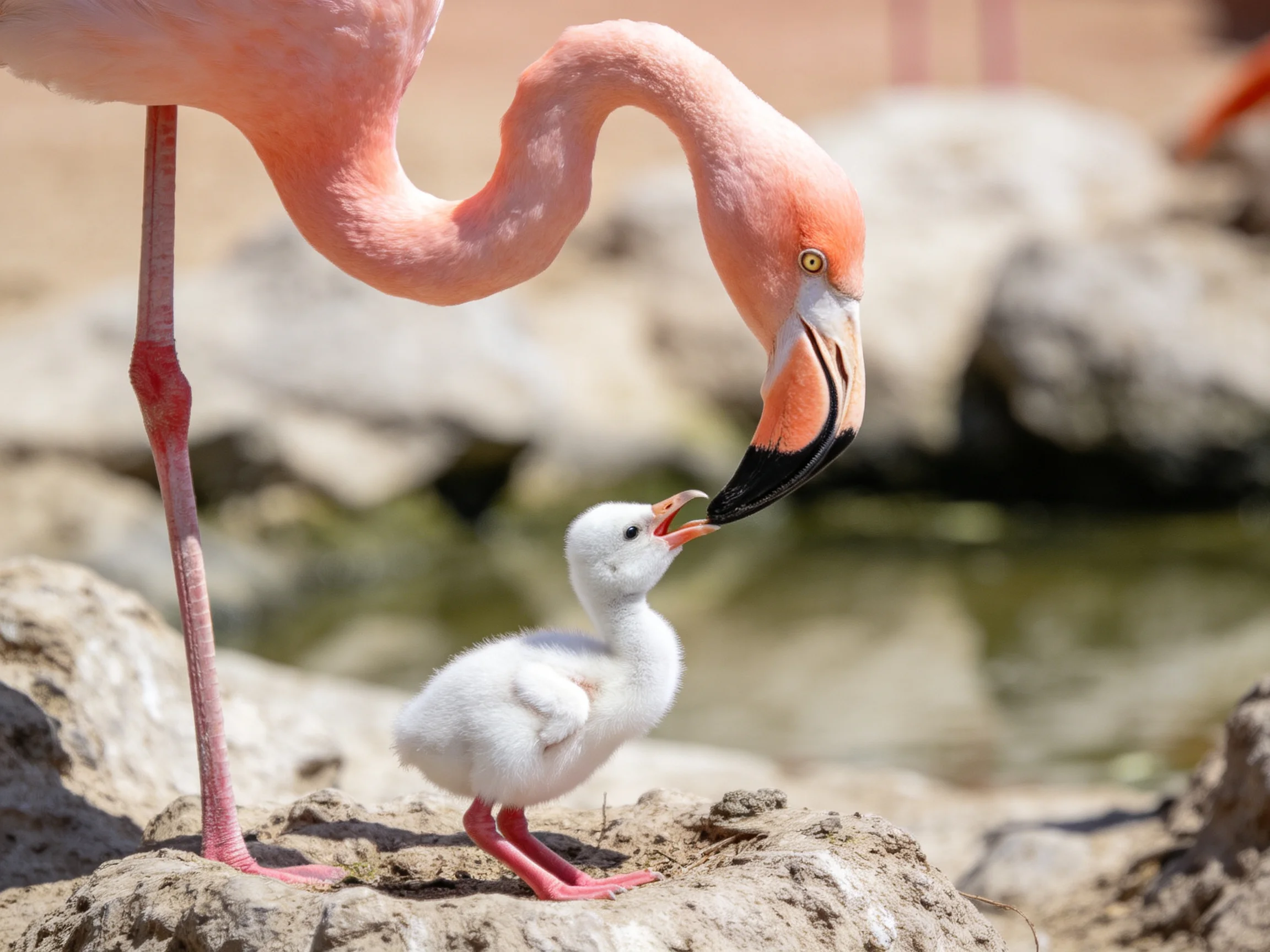 A pink adult flamingo feeds a fluffy white chick near rocky terrain