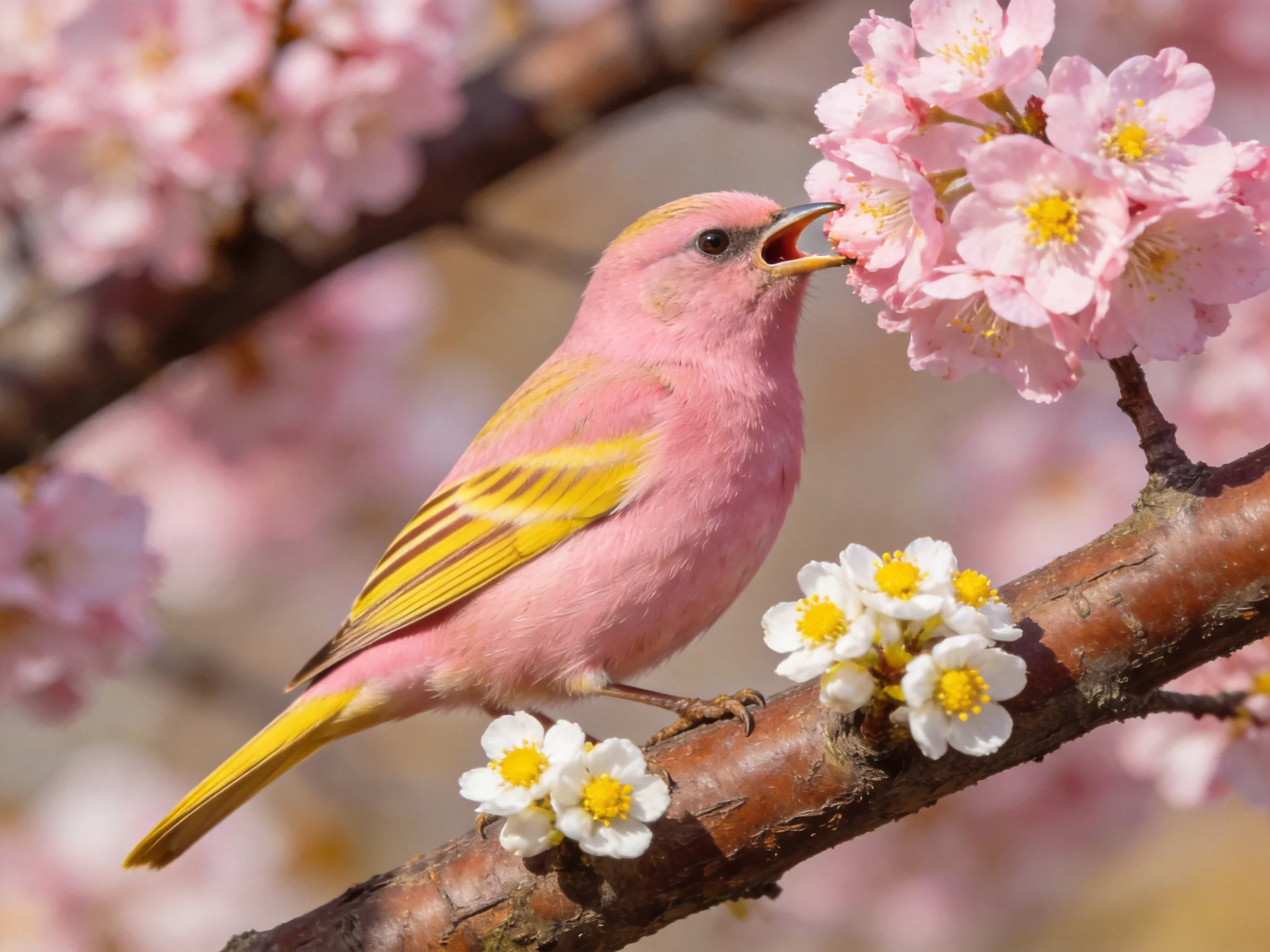 A pink bird with yellow wings feeding from cherry blossoms