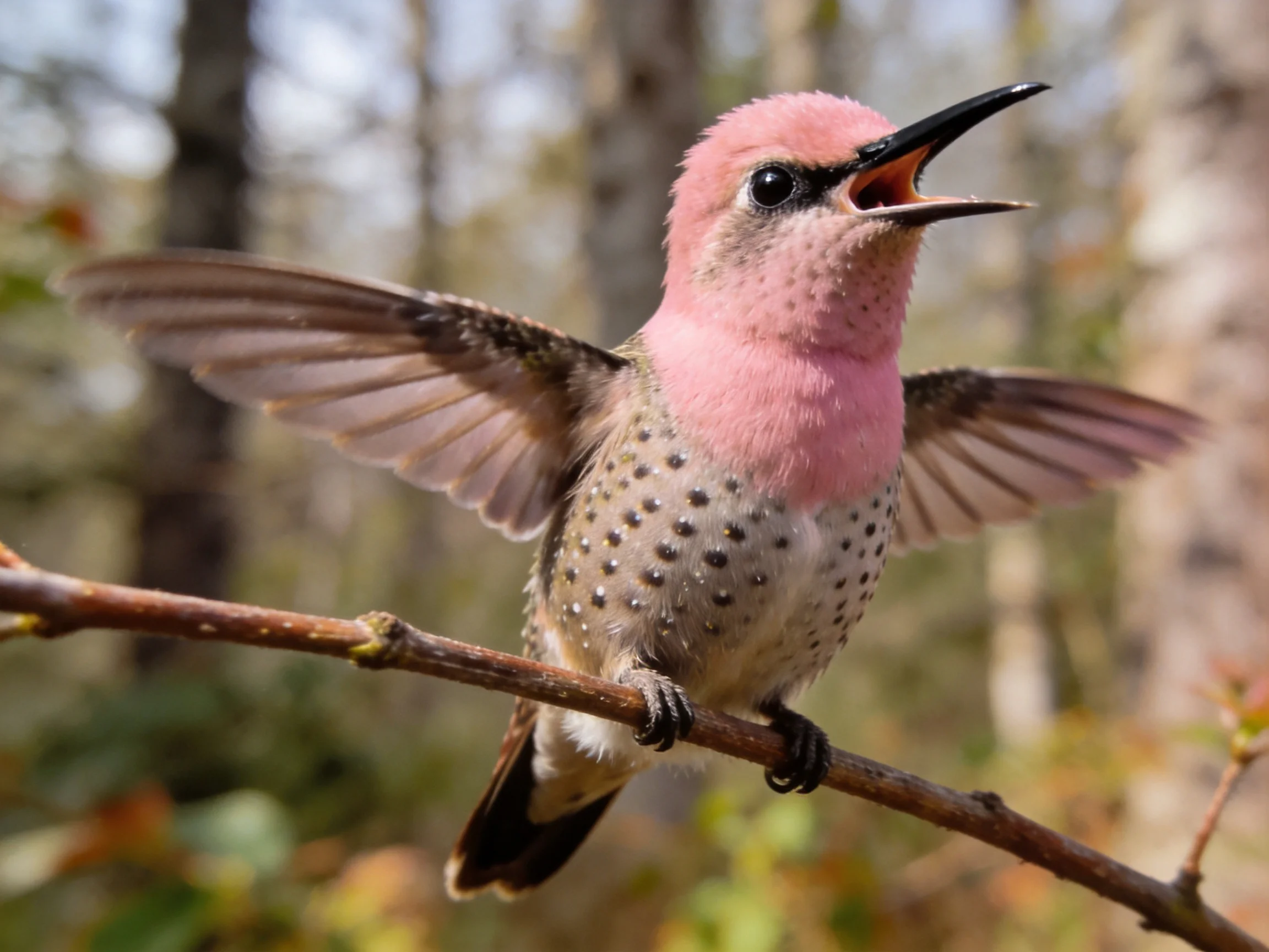 A pink-feathered hummingbird perched on a thin brown branch