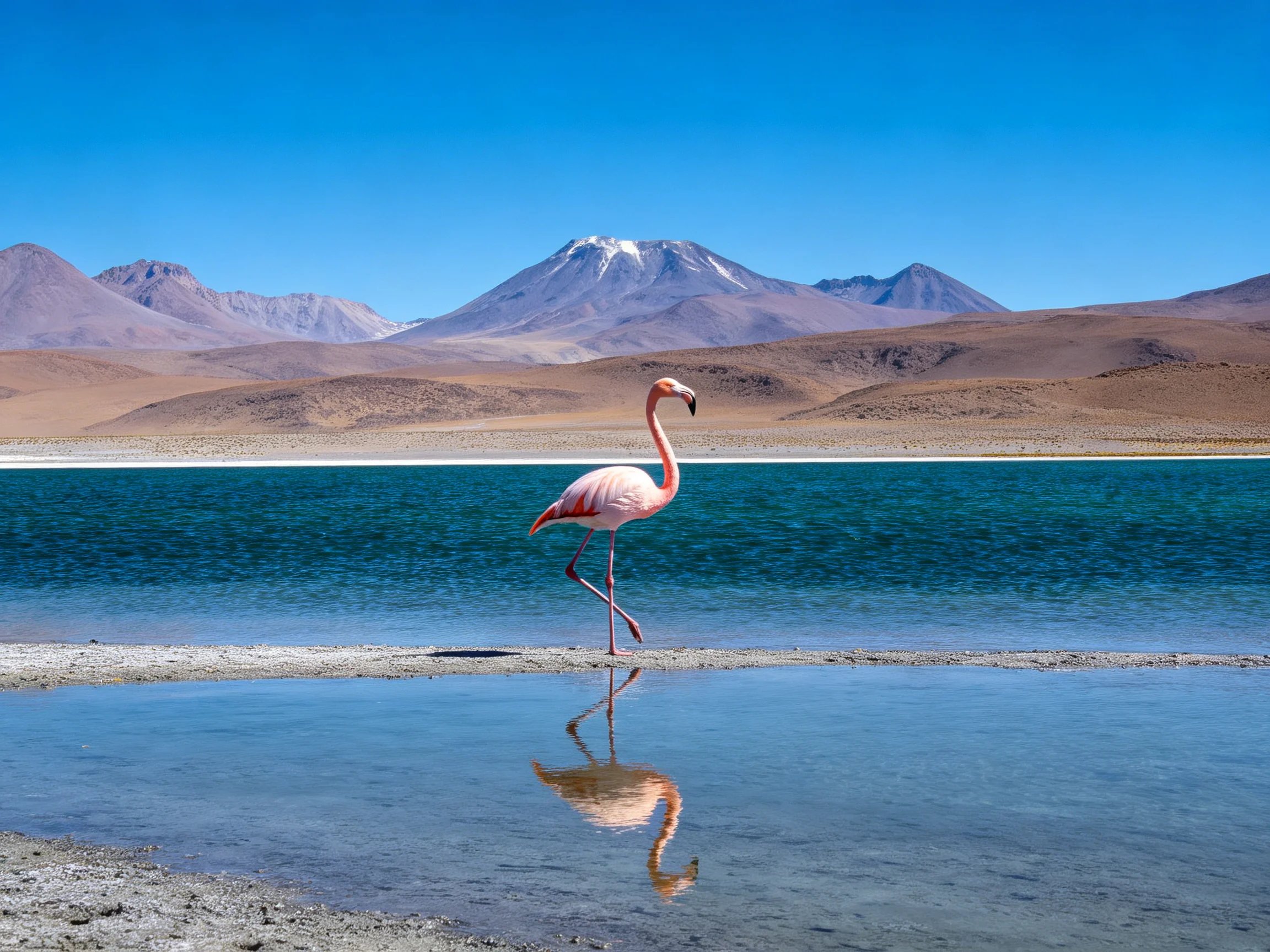 A pink flamingo by a turquoise lake with brown mountain backdrop