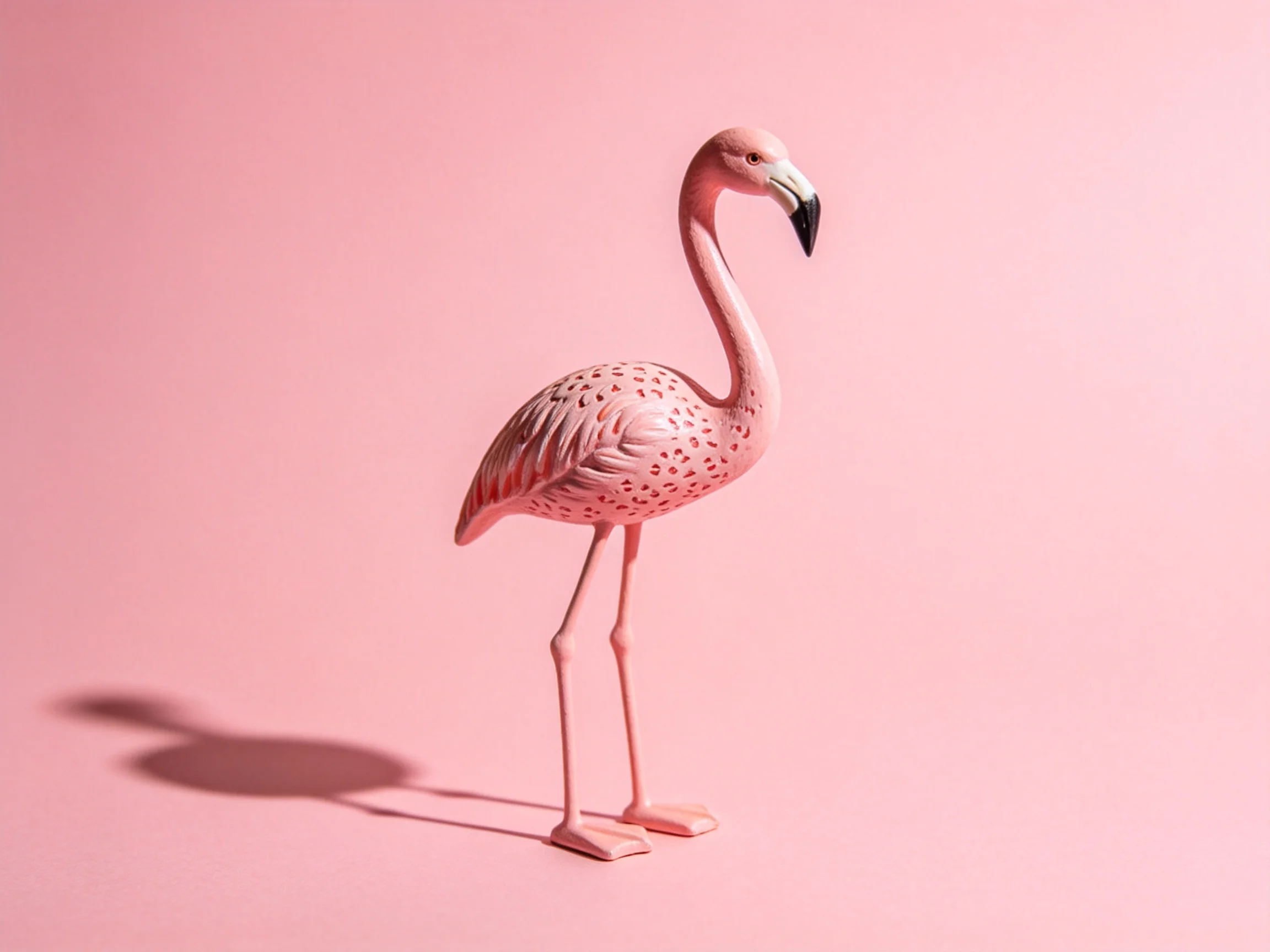A pink flamingo figurine with spotted wings on a solid pink background