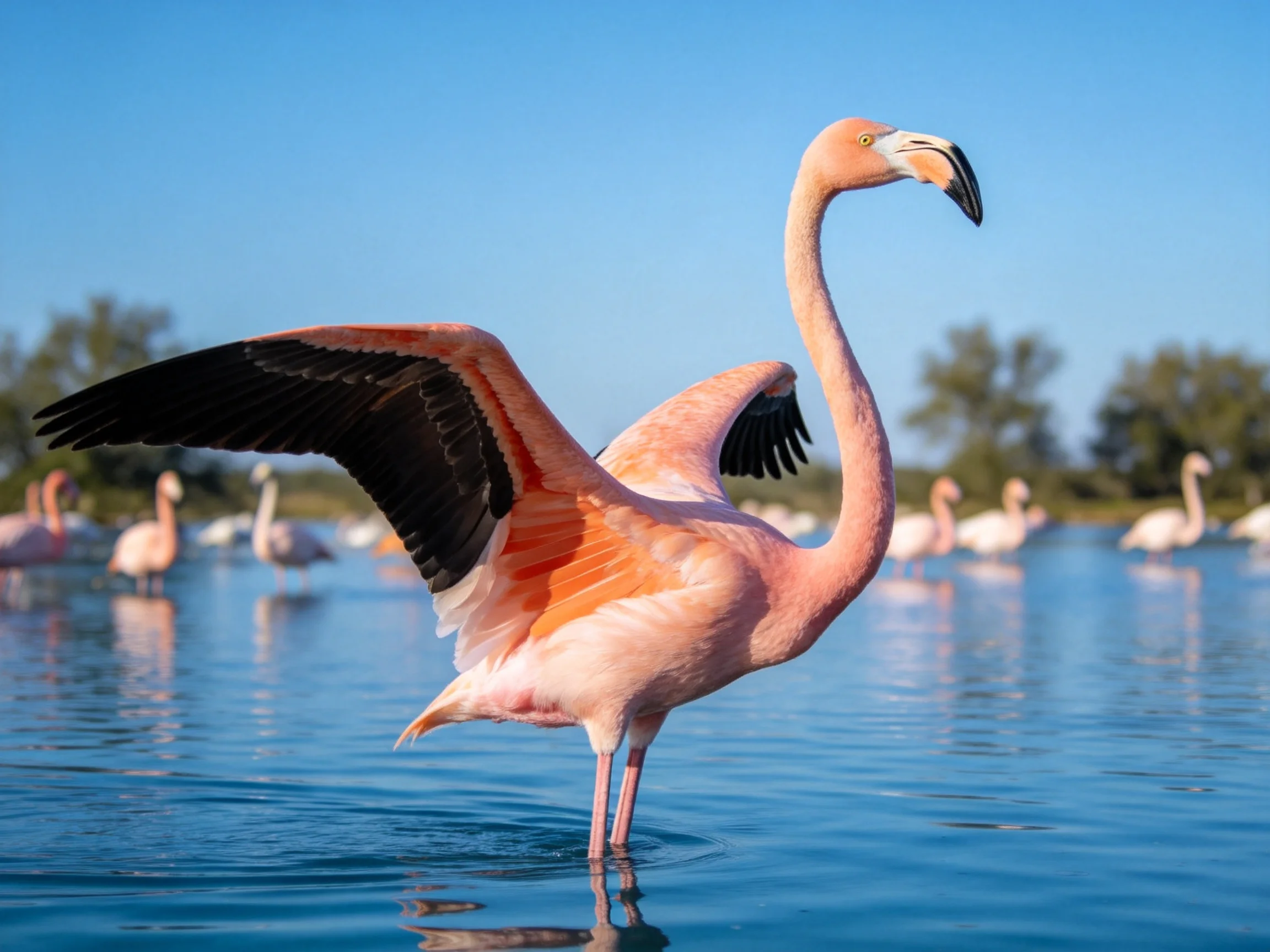 A pink flamingo spreading wings among other flamingos in calm blue water