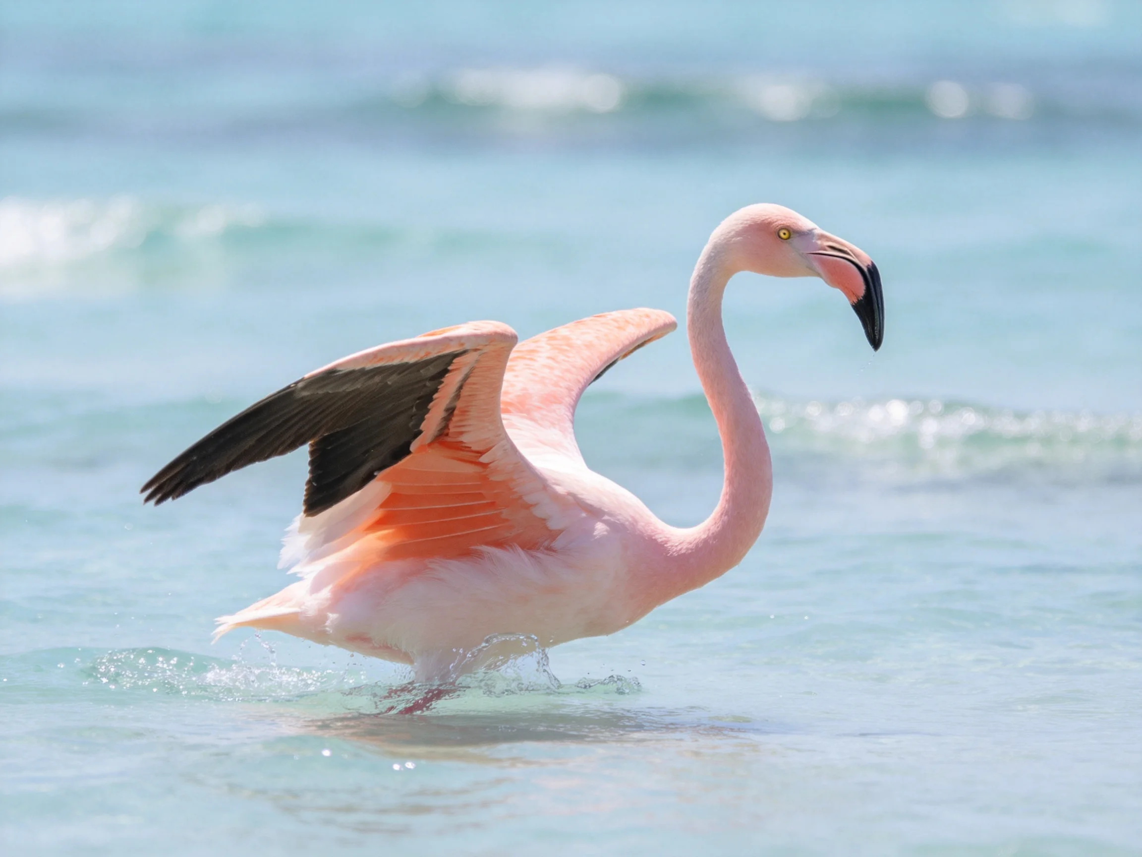 A pink flamingo spreading wings in shallow turquoise water
