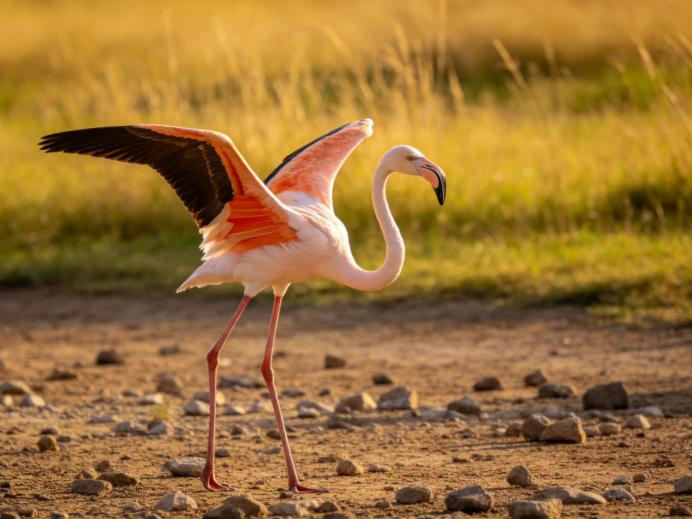 A pink flamingo spreading wings on rocky terrain