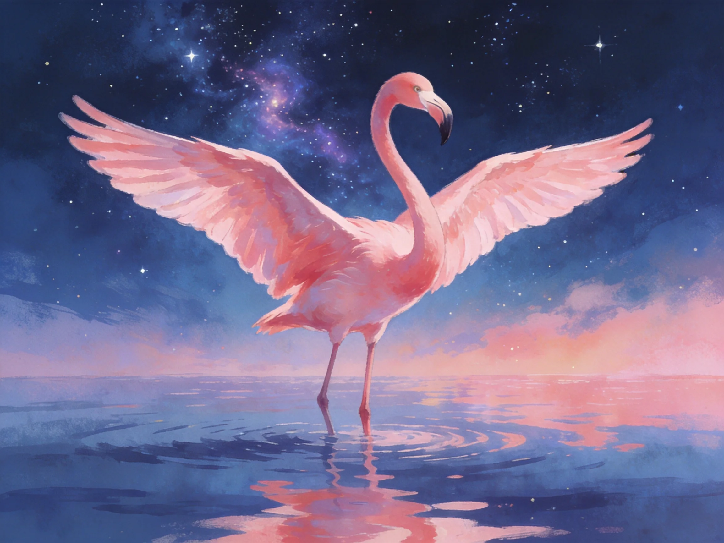A pink flamingo spreads wings in a starry night over calm water