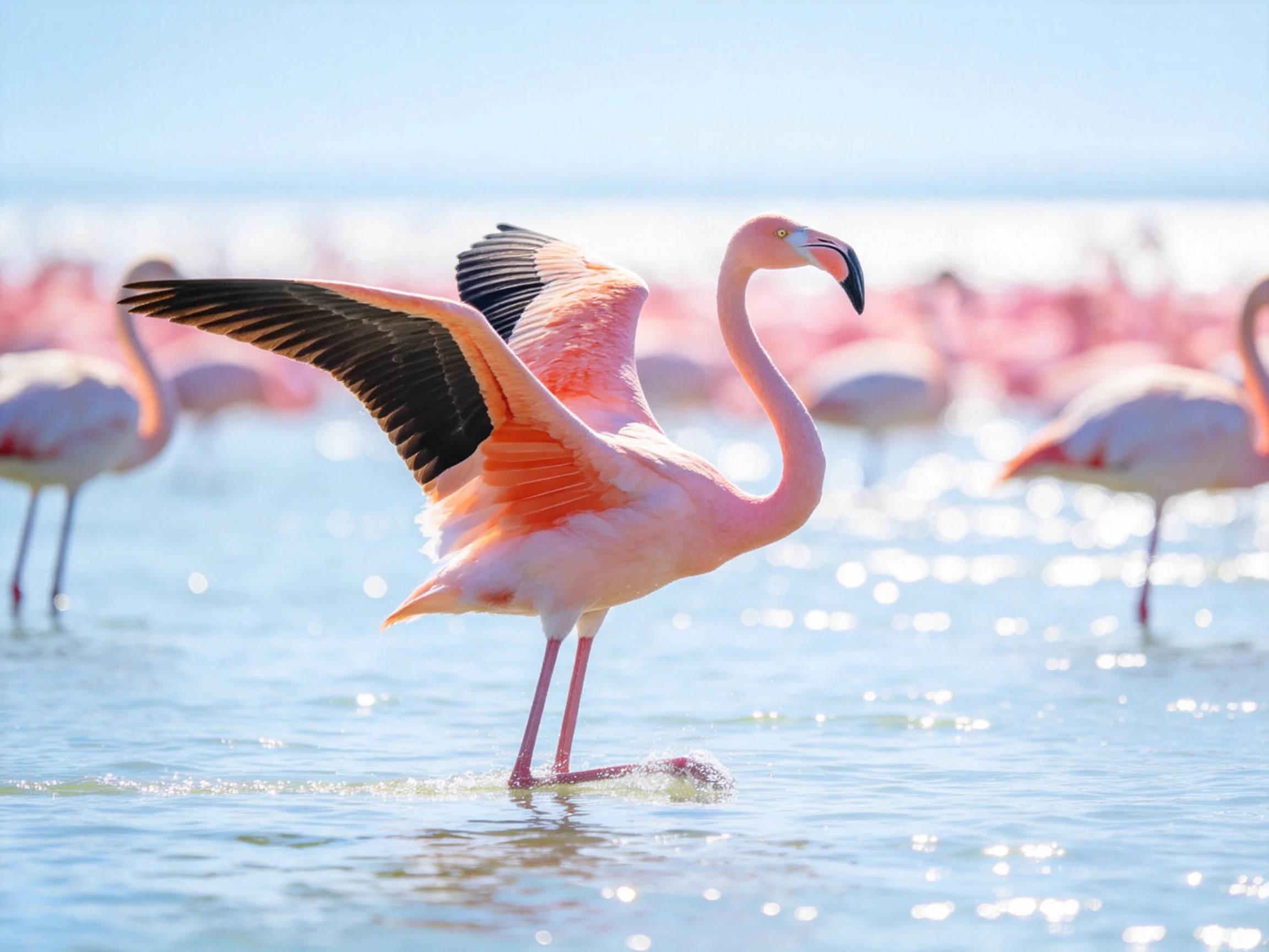 A pink flamingo spreads wings in shallow water