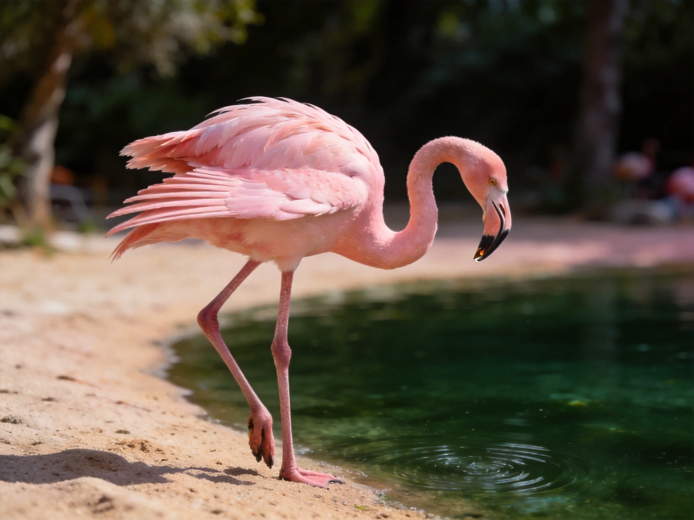 A pink flamingo stands by a green pond on sandy ground