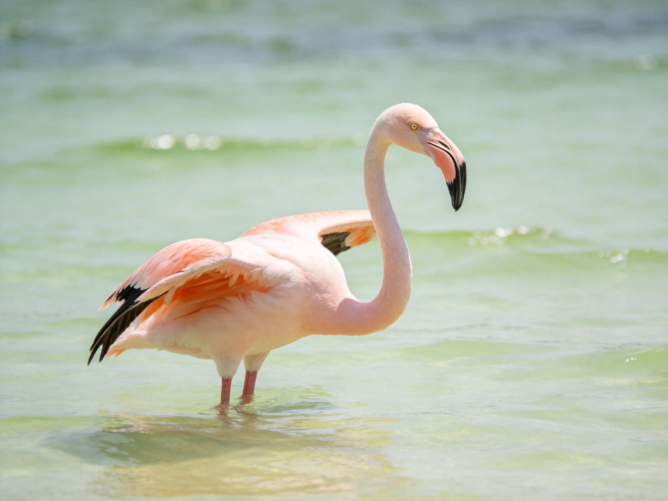 A pink flamingo stands in shallow turquoise water