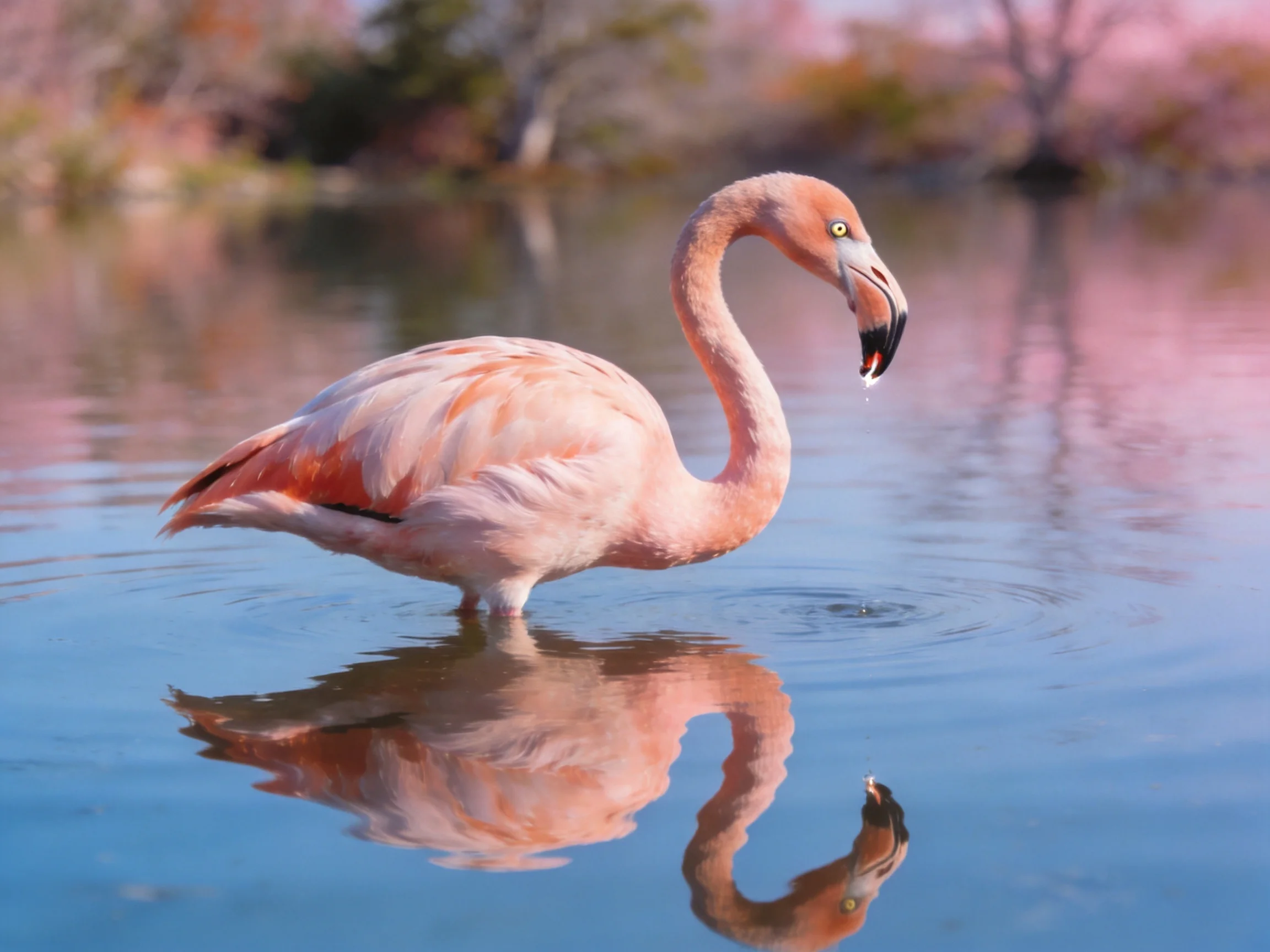 A pink flamingo wades in calm blue water with a clear reflection
