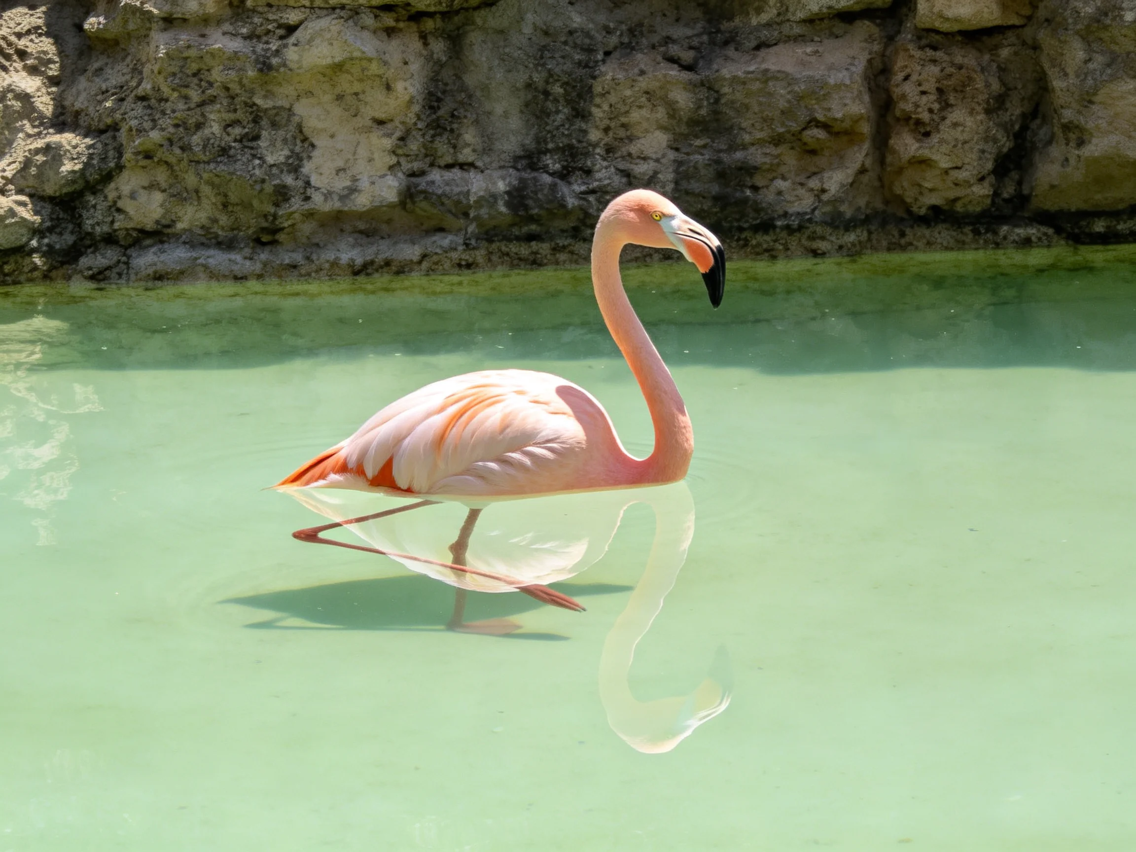 A pink flamingo wades in shallow green water near a stone wall