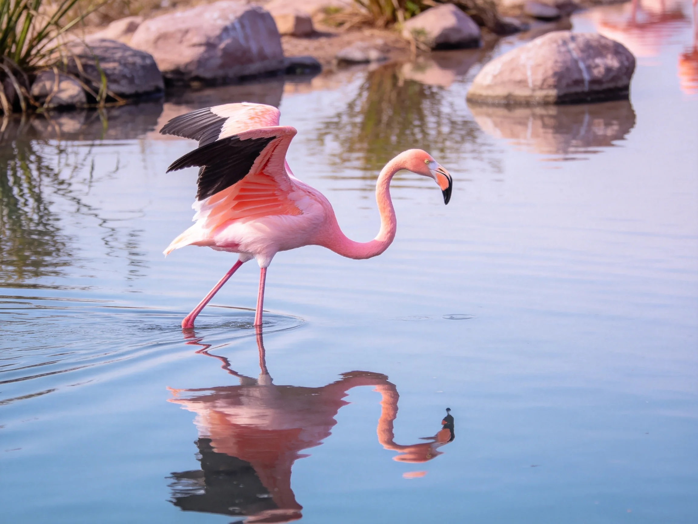 A pink flamingo wading in calm blue water near large rocks