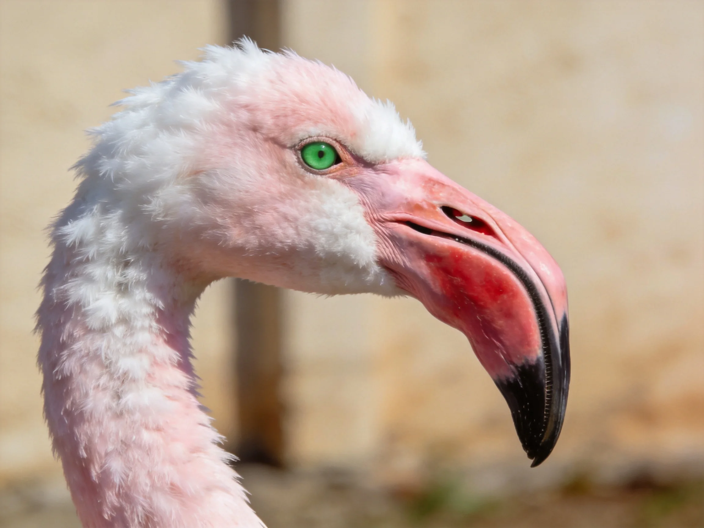 A pink flamingo with white feathers, green eye, and curved beak