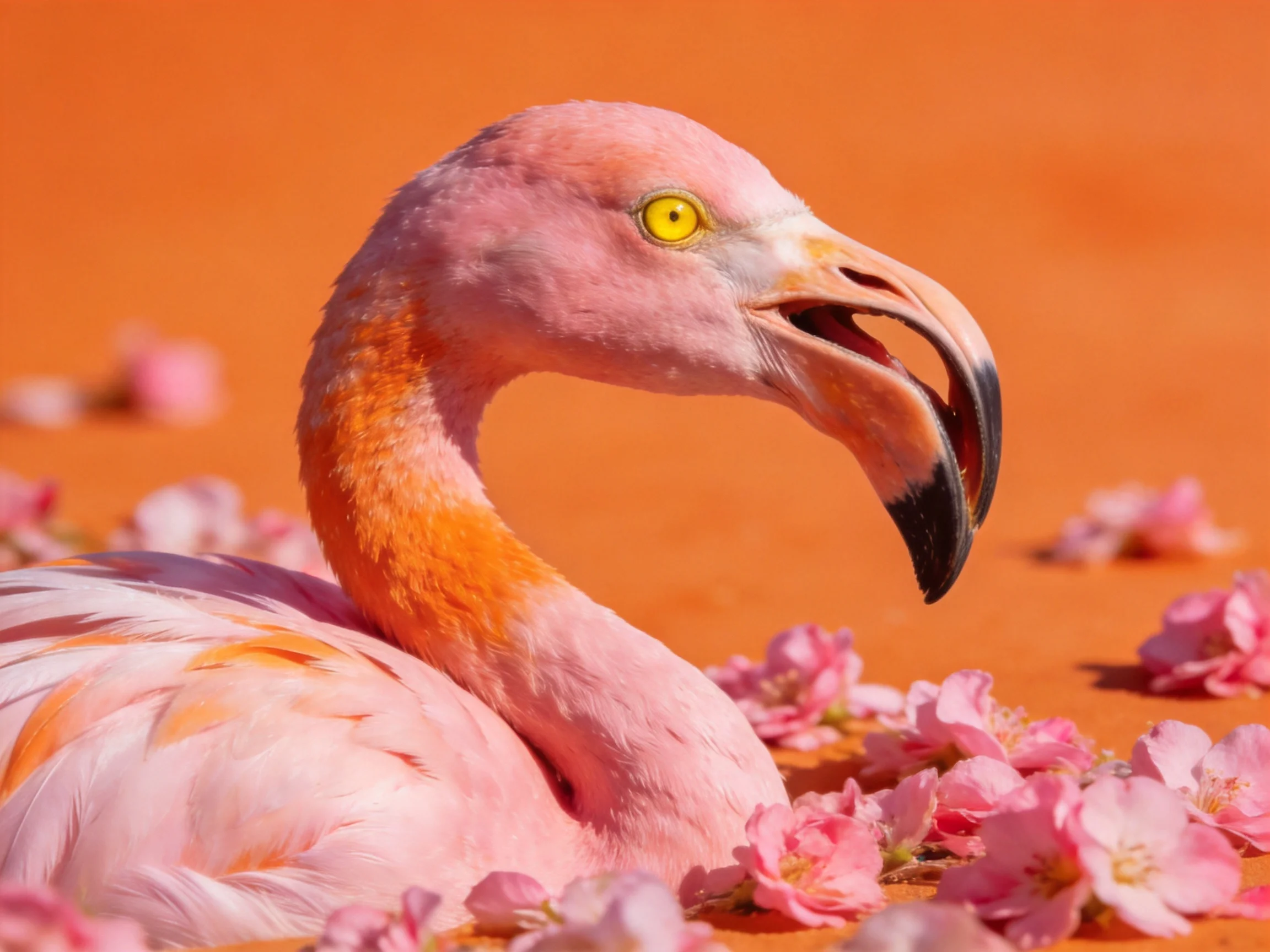 A pink flamingo with yellow eyes among scattered pink flowers on an orange surface