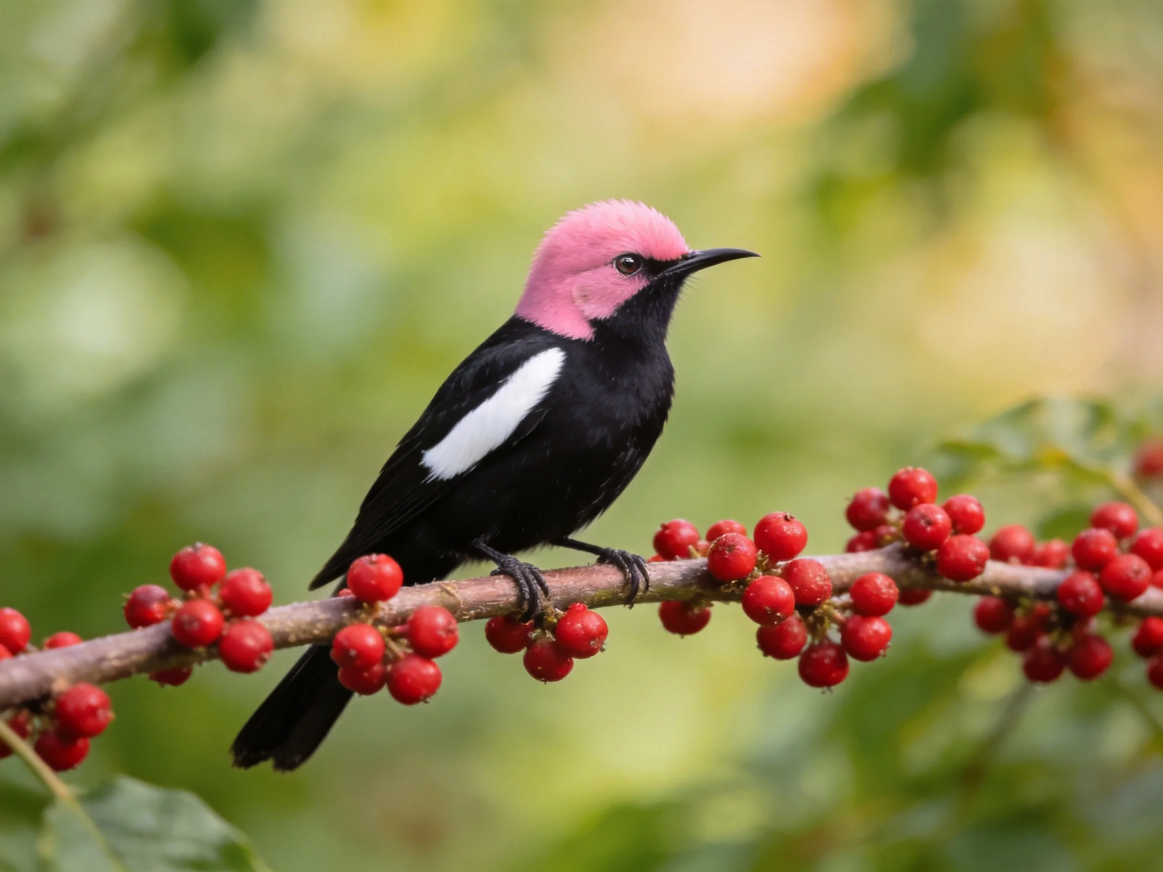 A pink-headed bird perched on a branch with red berries